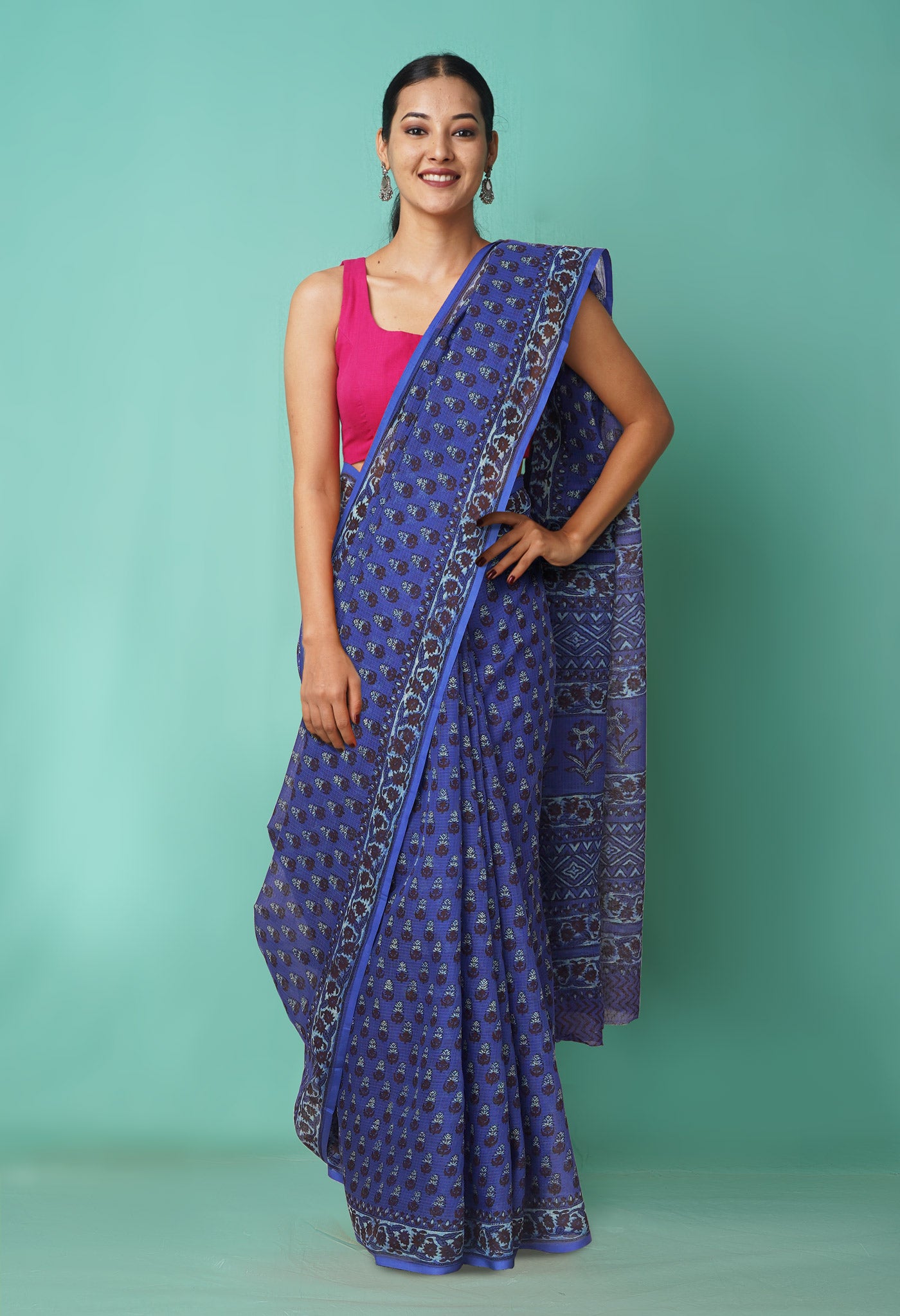 Blue Pure Hand Block Printed Kota Saree-UNM81481