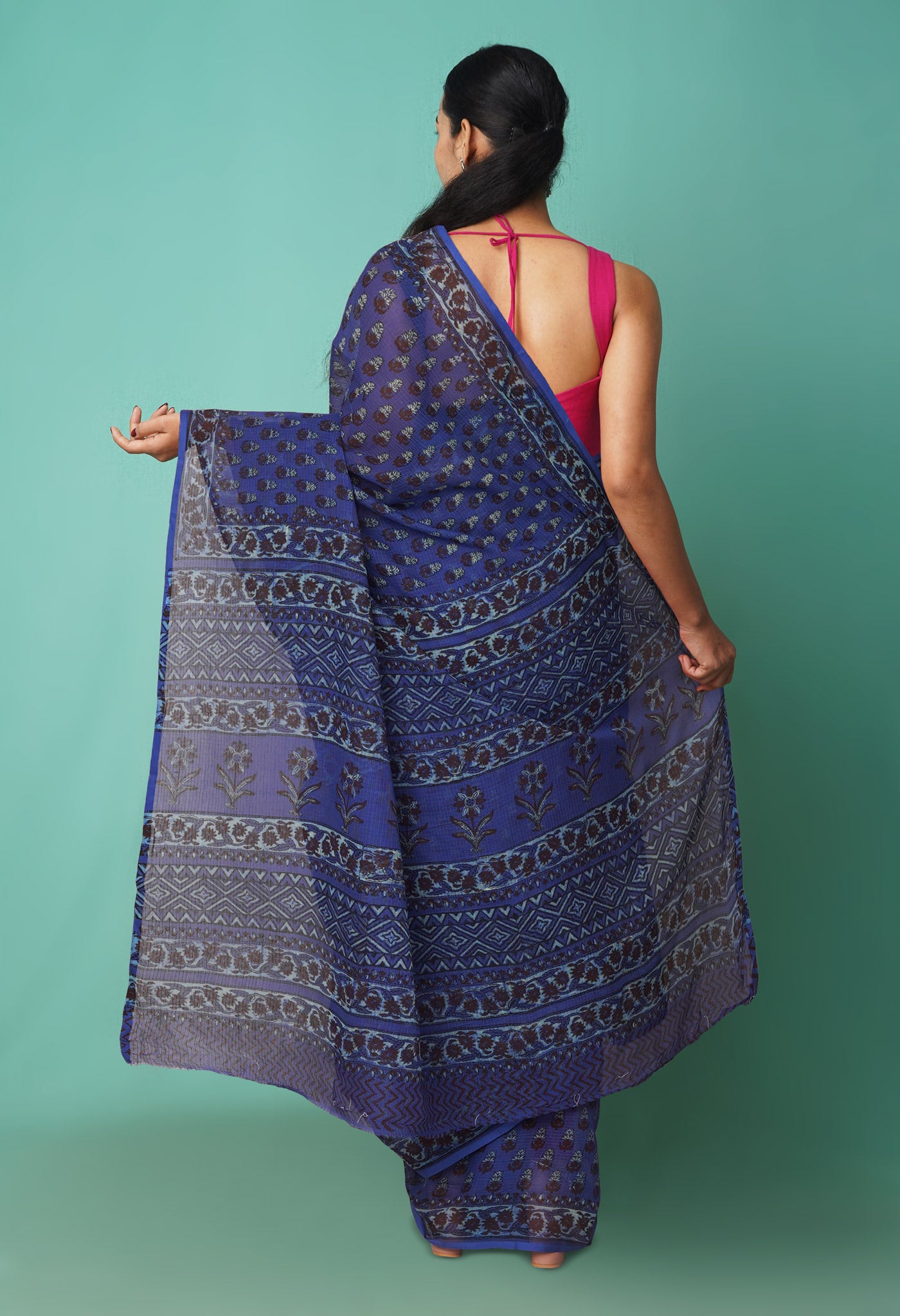 Blue Pure Hand Block Printed Kota Saree-UNM81481