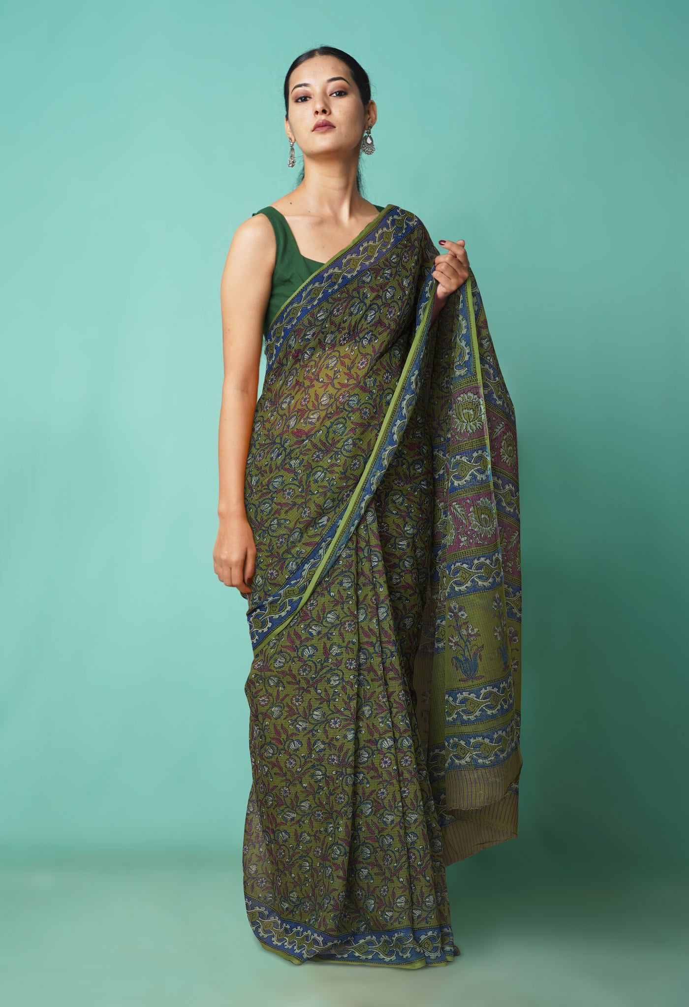 Green Pure Hand Block Printed Kota Saree-UNM81482