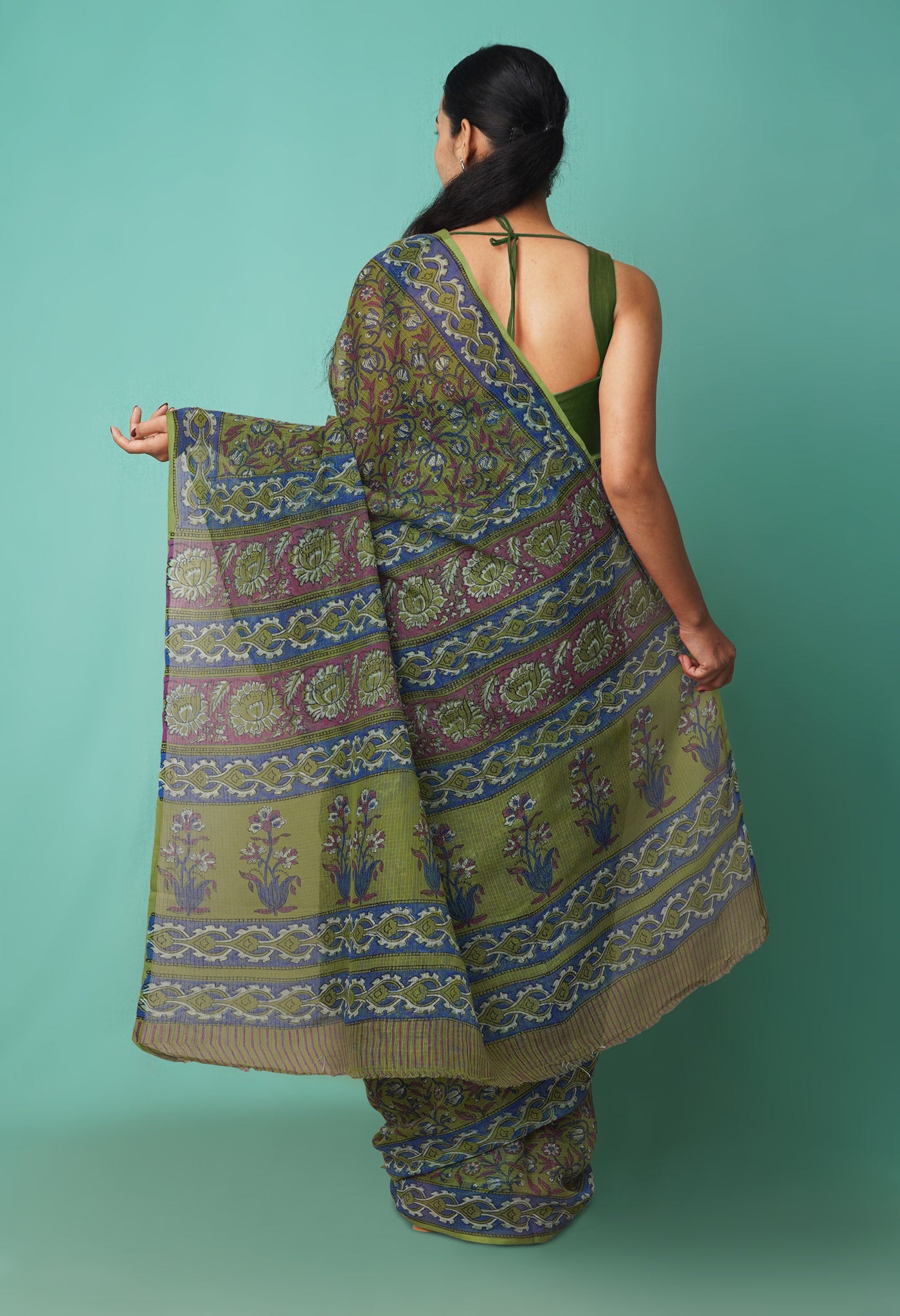 Green Pure Hand Block Printed Kota Saree-UNM81482