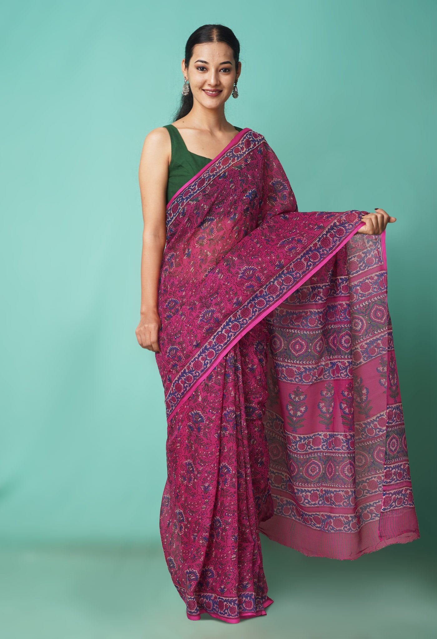 Pink Pure Hand Block Printed Kota Saree-UNM81483