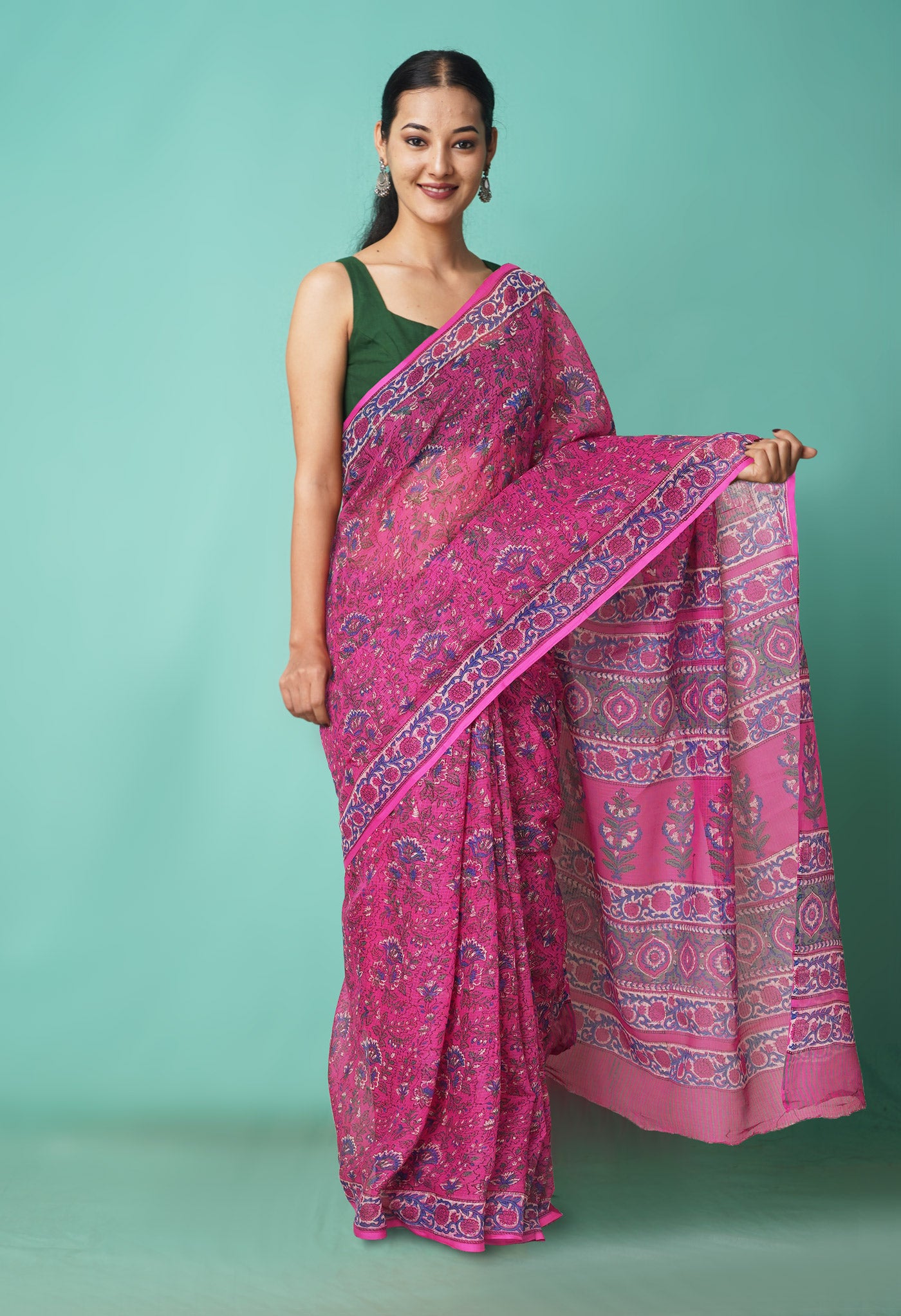 Pink Pure Hand Block Printed Kota Saree-UNM81483