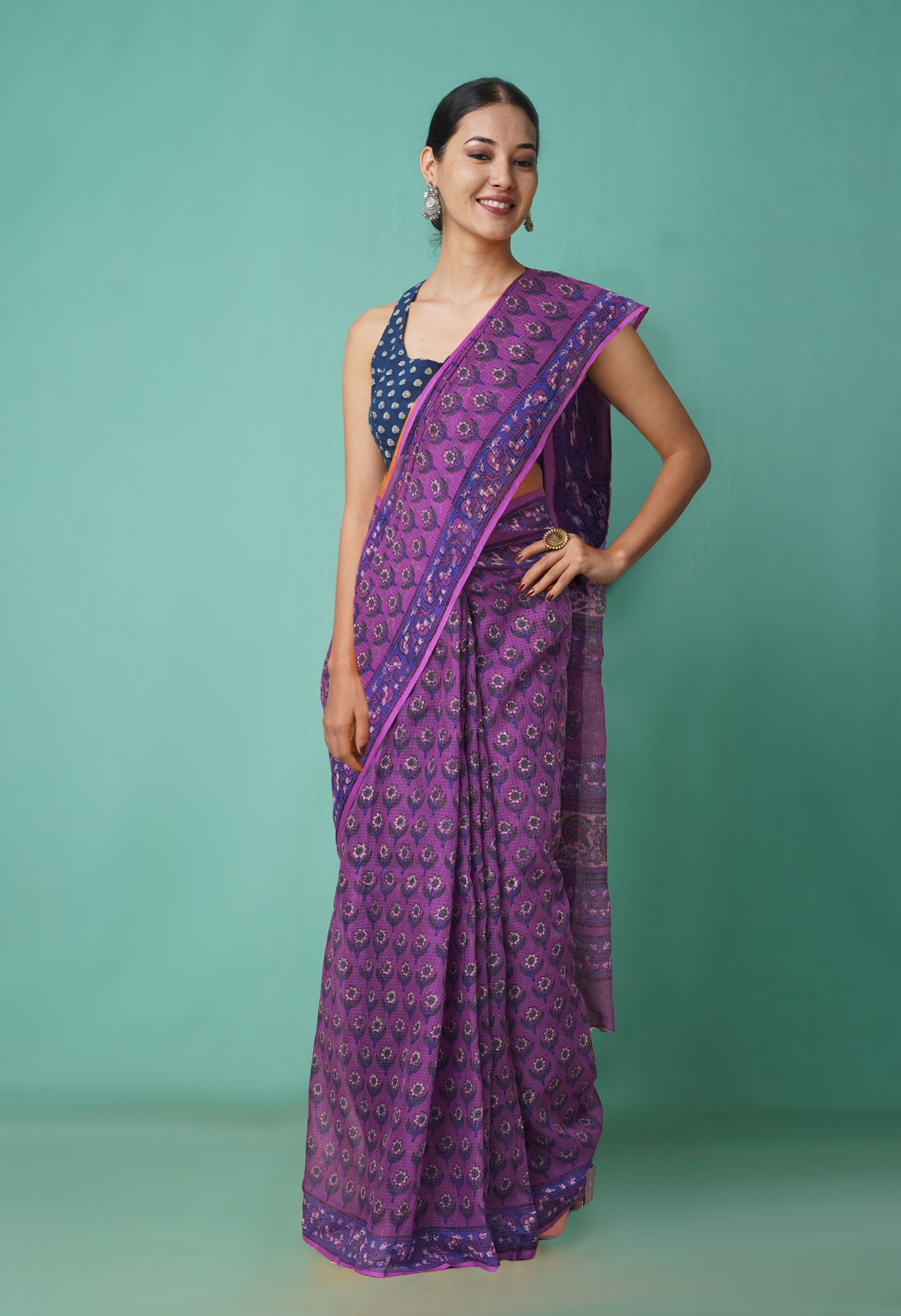 Purple Pure Hand Block Printed Kota Saree-UNM81487