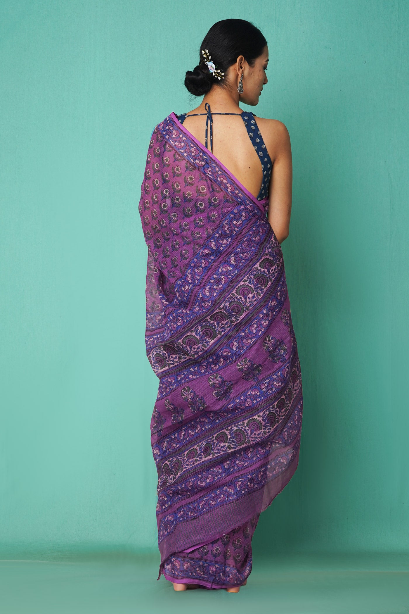 Purple Pure Hand Block Printed Kota Saree-UNM81487