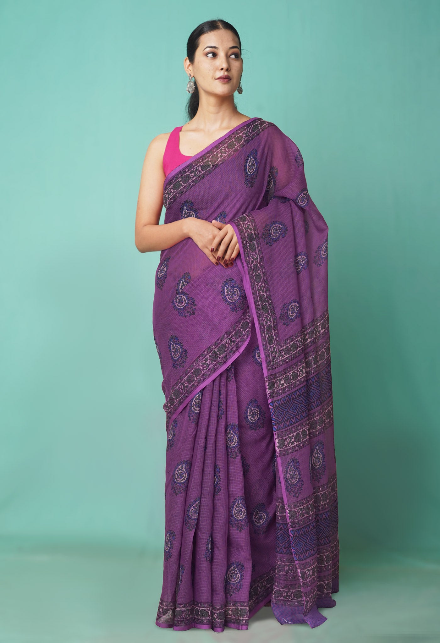 Purple Pure Hand Block Printed Kota Saree-UNM81490