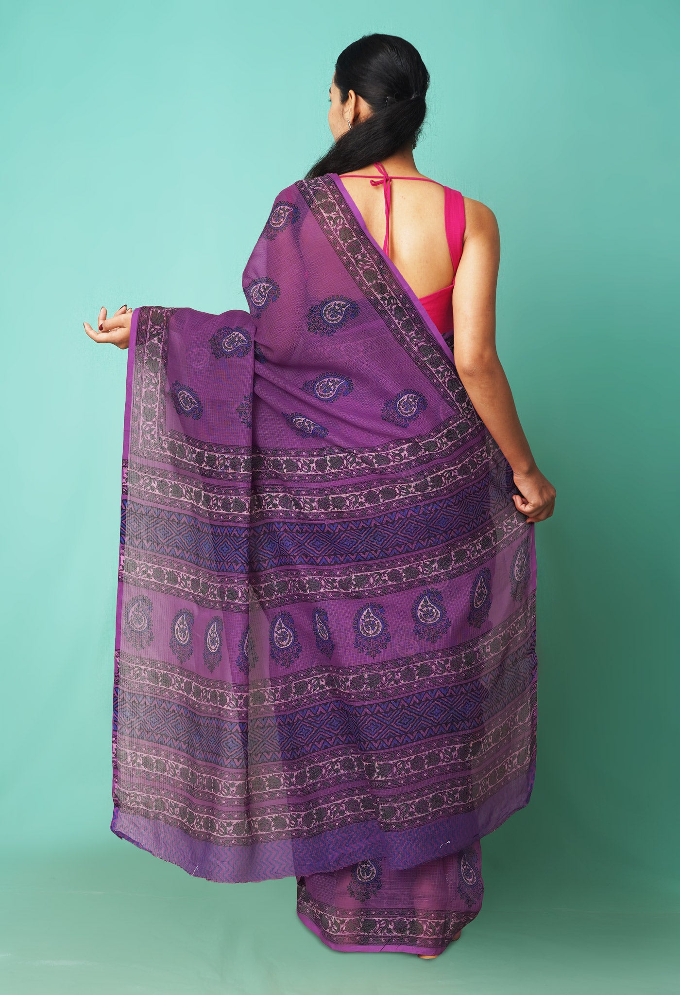 Purple Pure Hand Block Printed Kota Saree-UNM81490