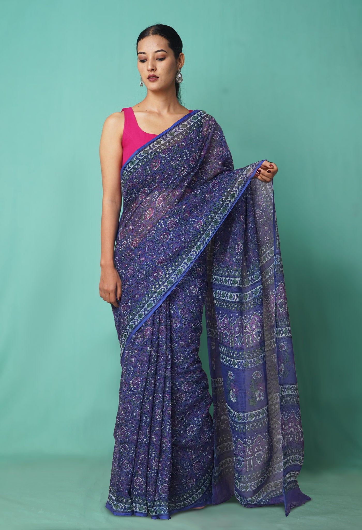 Blue Pure Hand Block Printed Kota Saree-UNM81491