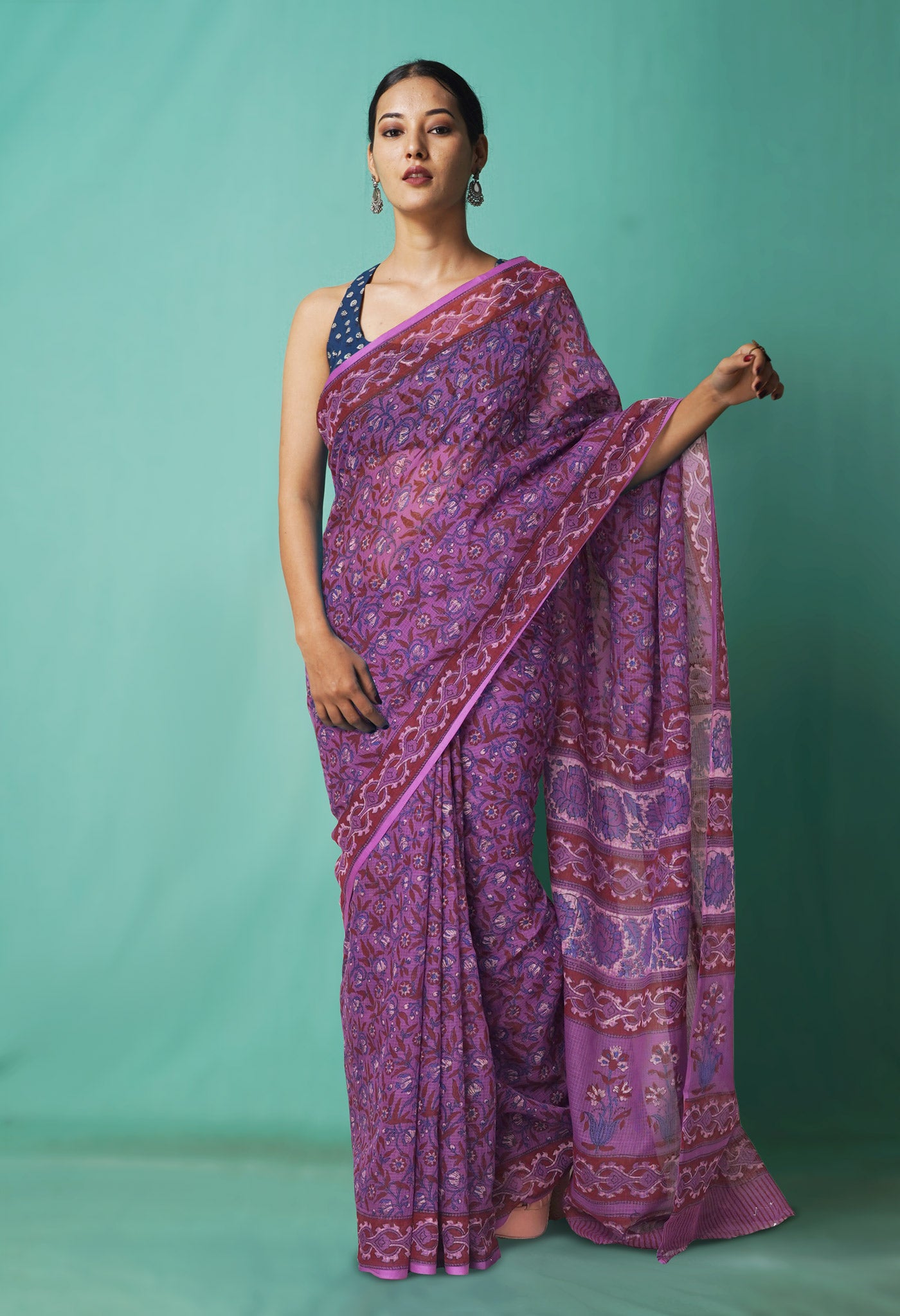 Purple Pure Hand Block Printed Kota Saree-UNM81492