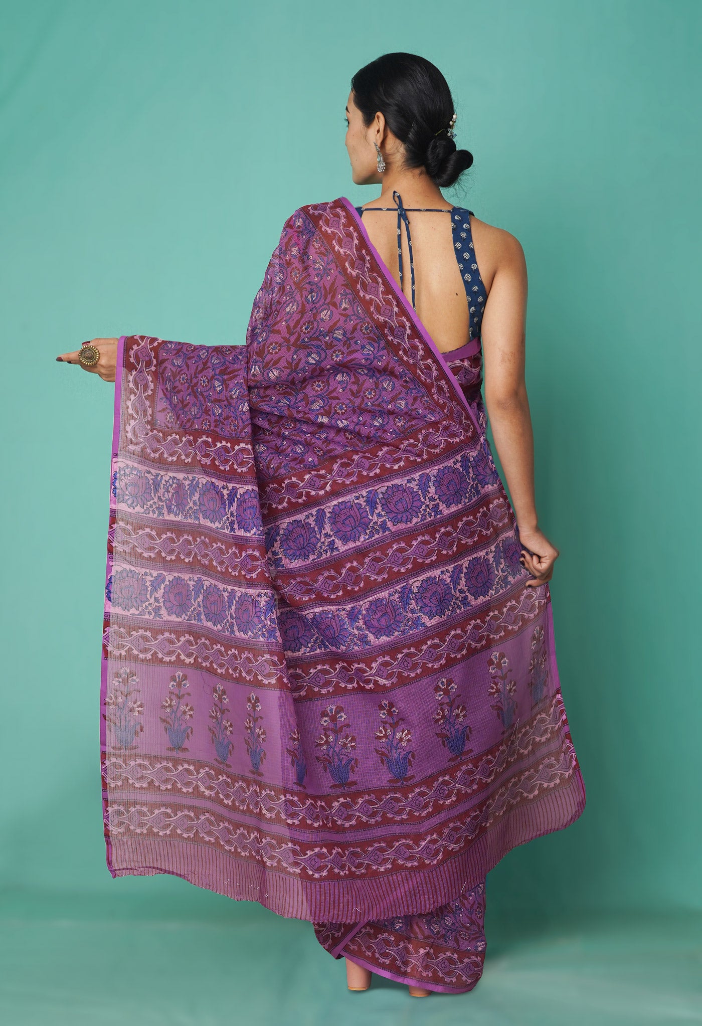 Purple Pure Hand Block Printed Kota Saree-UNM81492