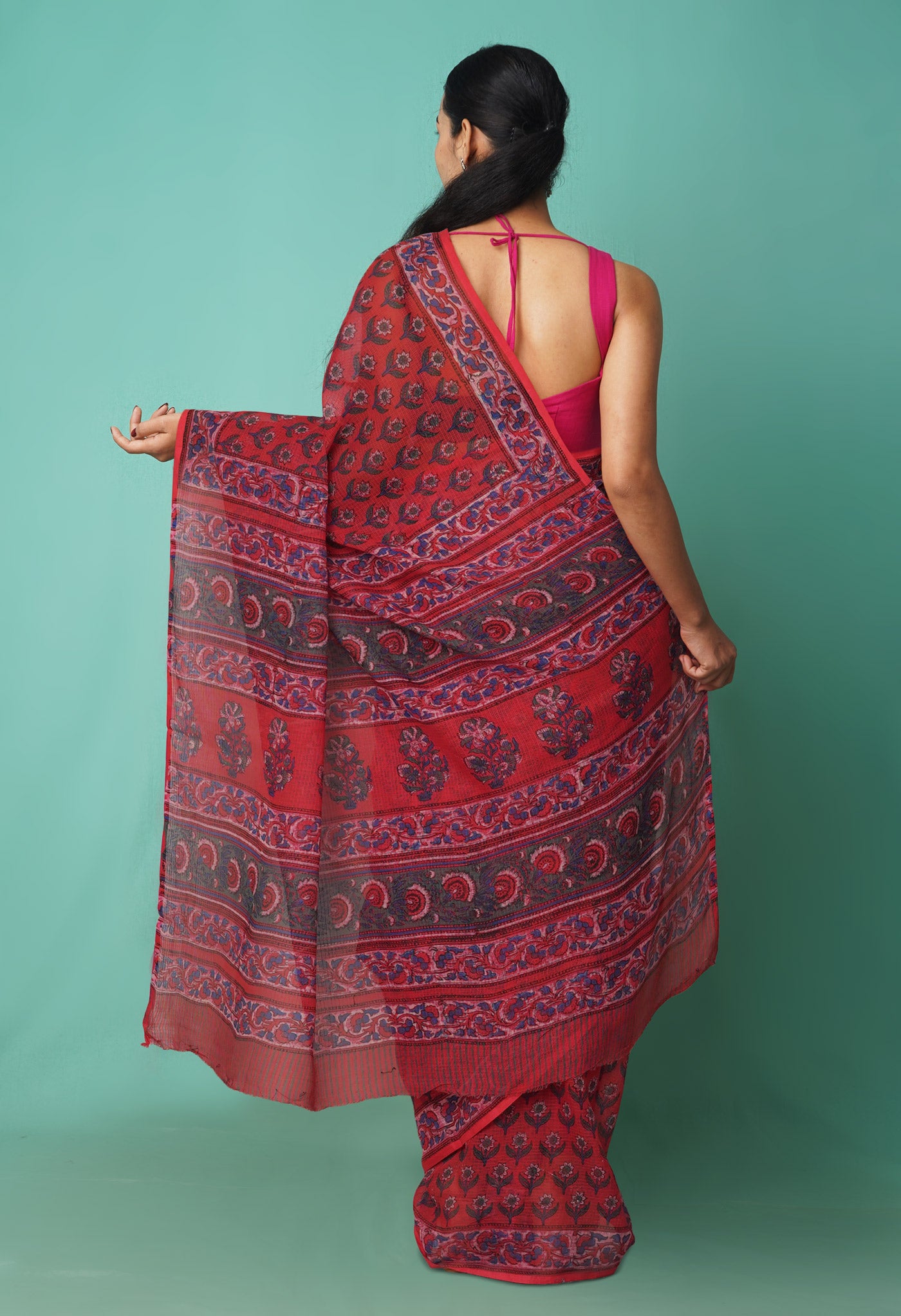 Red Pure Hand Block Printed Kota Saree-UNM81494