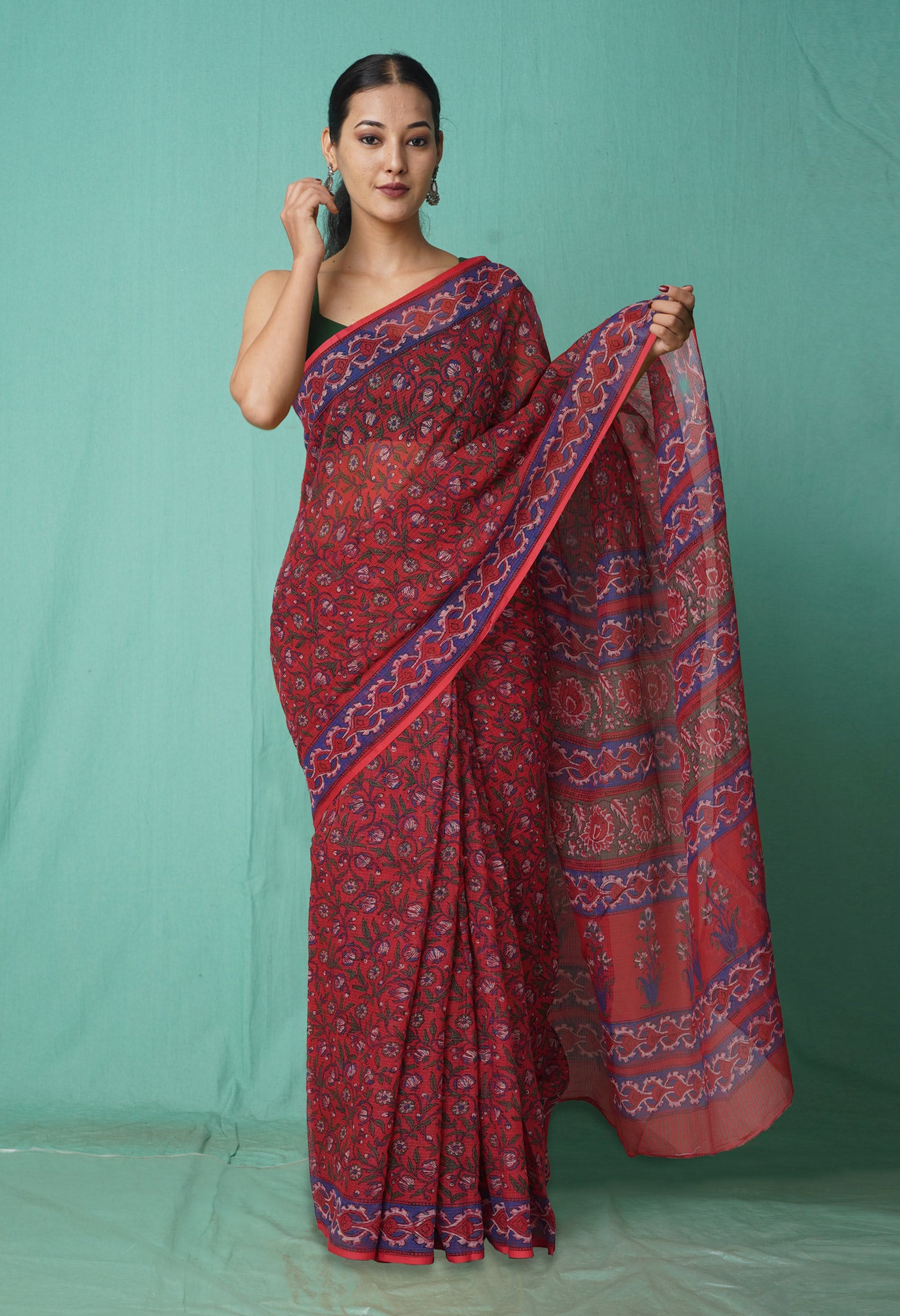 Red Pure Hand Block Printed Kota Saree-UNM81495