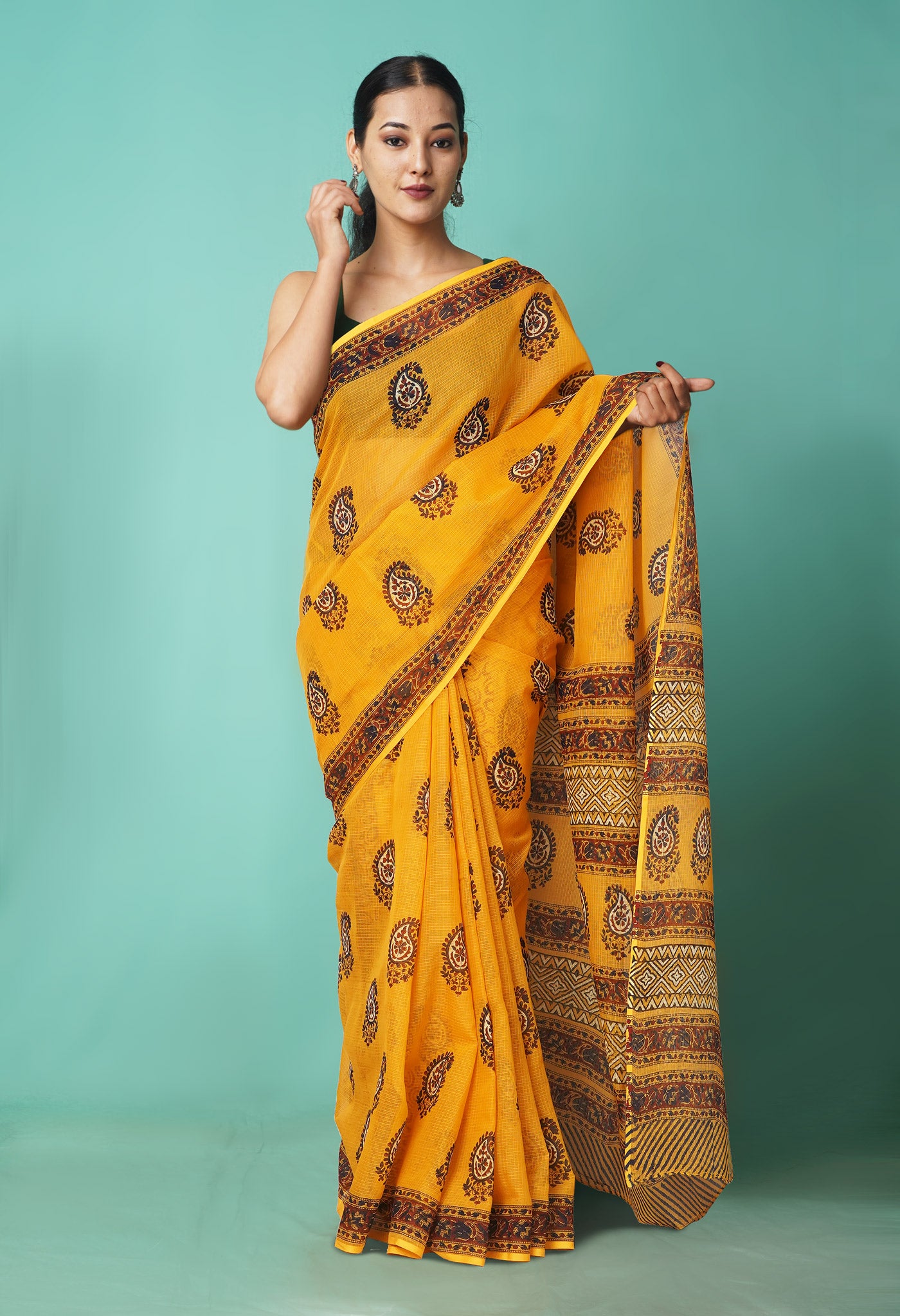 Yellow Pure Hand Block Printed Kota Saree-UNM81499