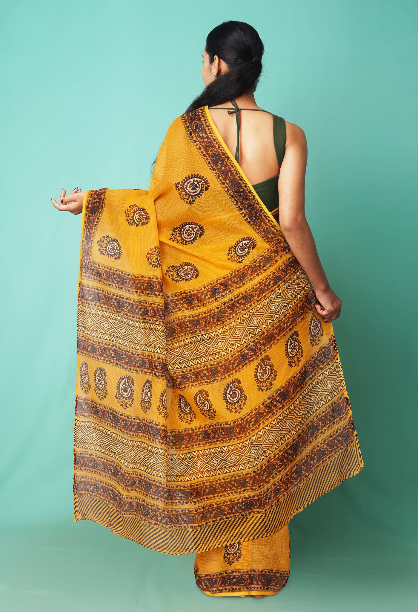 Yellow Pure Hand Block Printed Kota Saree-UNM81499