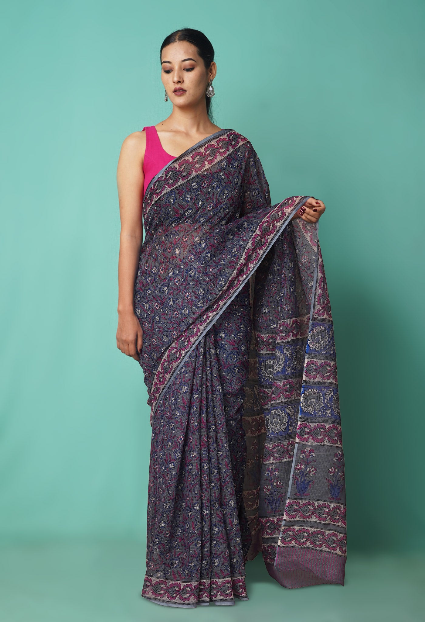 Grey Pure Hand Block Printed Kota Saree-UNM81500