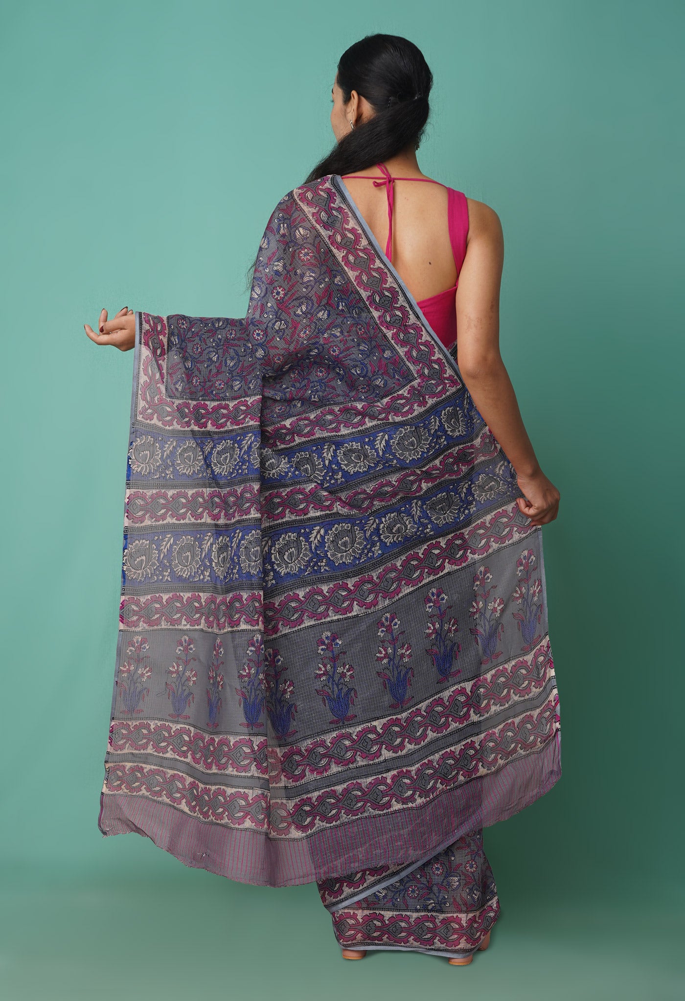 Grey Pure Hand Block Printed Kota Saree-UNM81500