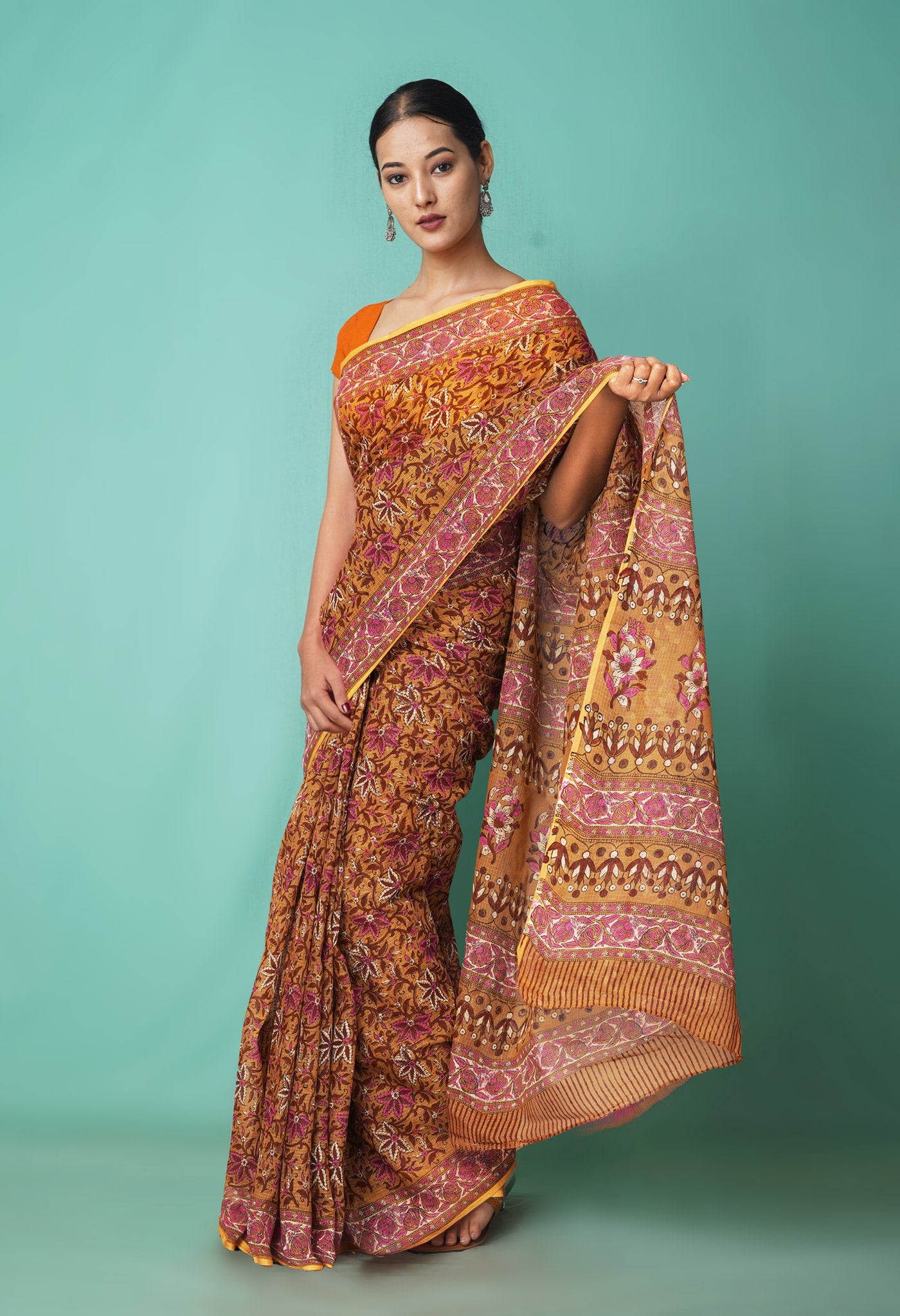 Brown Pure Hand Block Printed Kota Saree-UNM81501