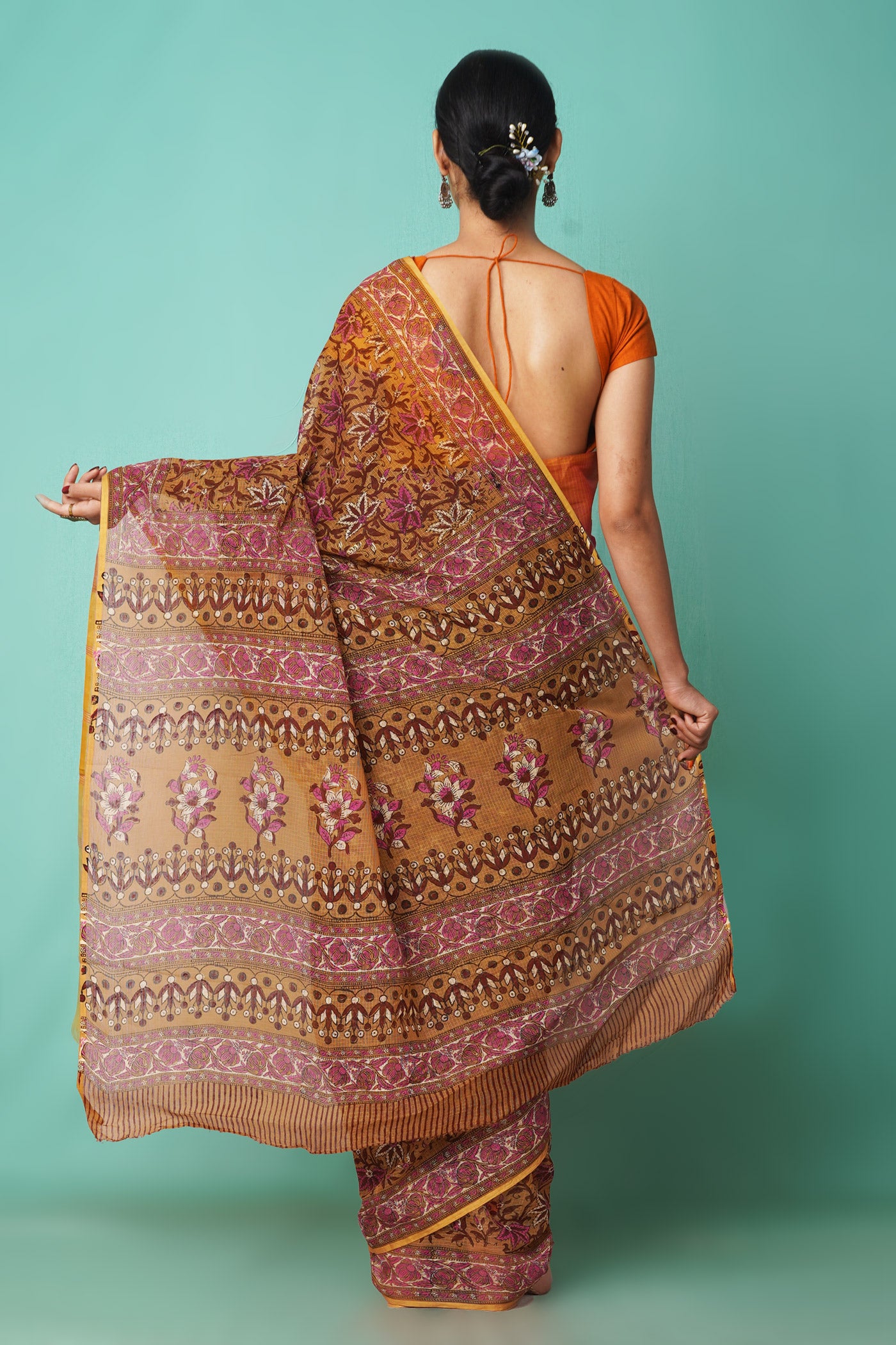 Brown Pure Hand Block Printed Kota Saree-UNM81501