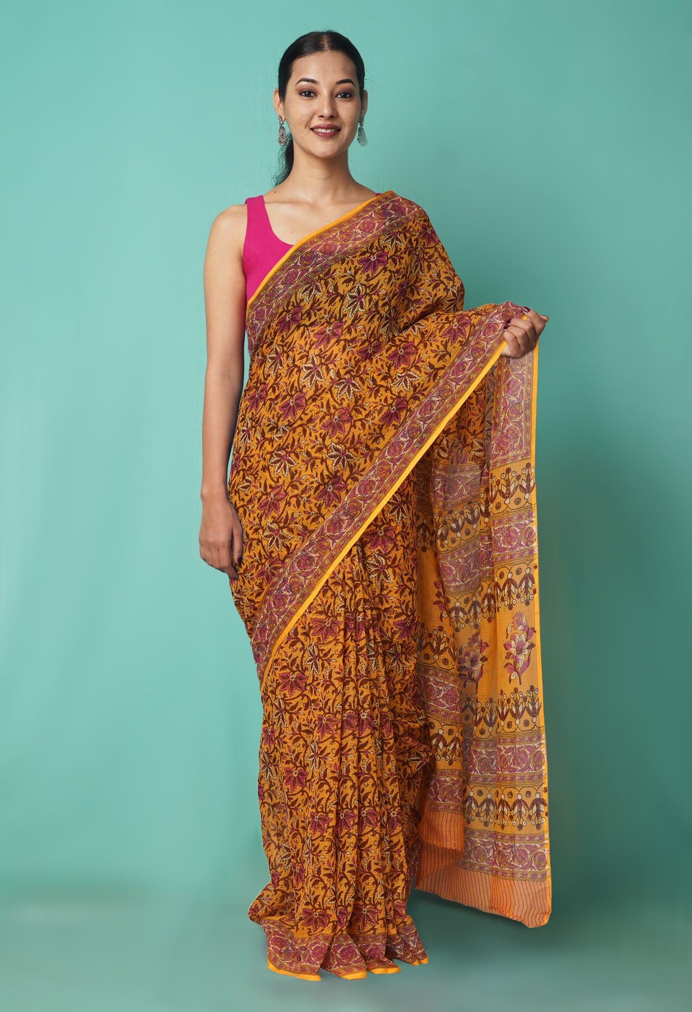 Yellow Pure Hand Block Printed Kota Saree-UNM81502