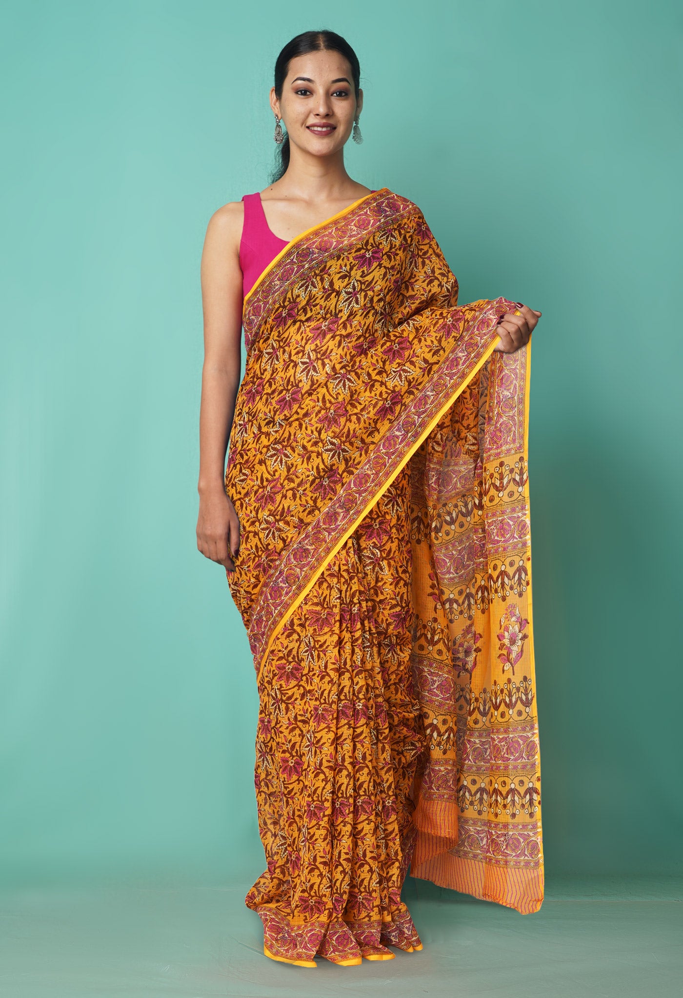 Yellow Pure Hand Block Printed Kota Saree-UNM81502