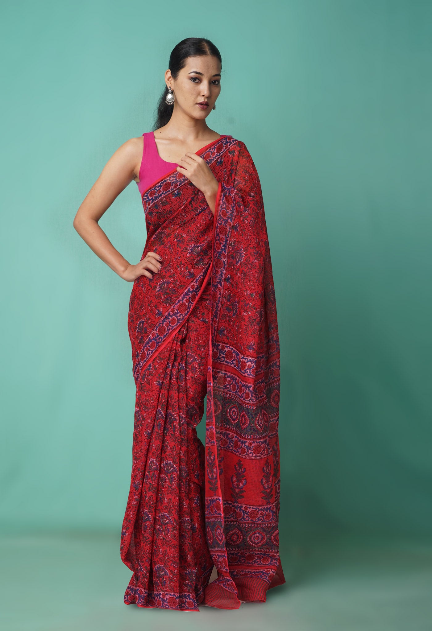 Red Pure Hand Block Printed Kota Saree-UNM81503