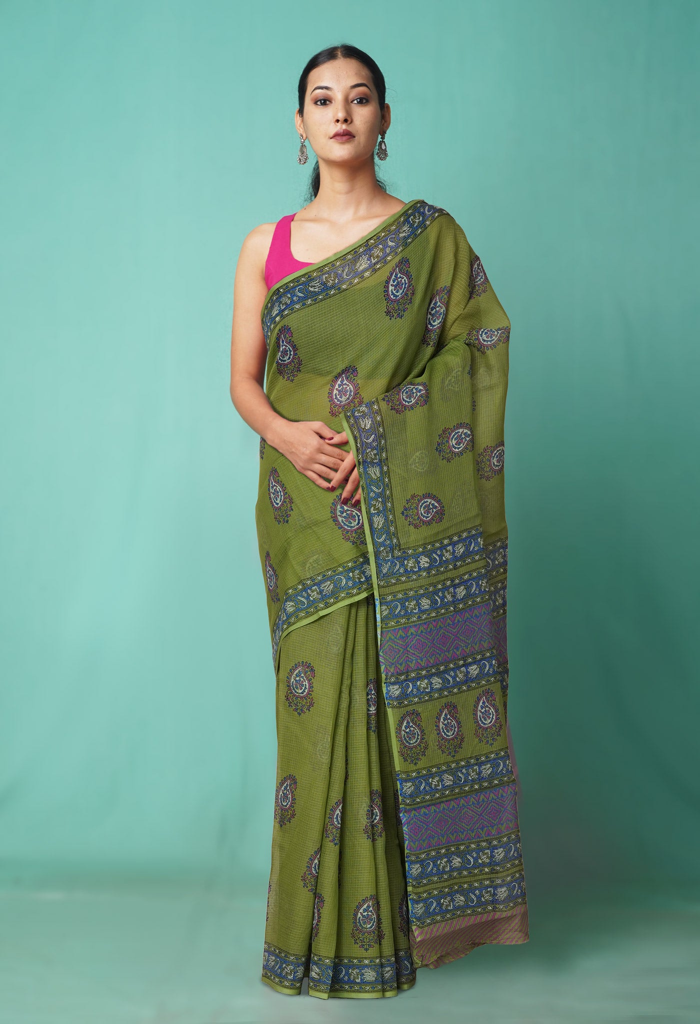 Green Pure Hand Block Printed Kota Saree-UNM81505