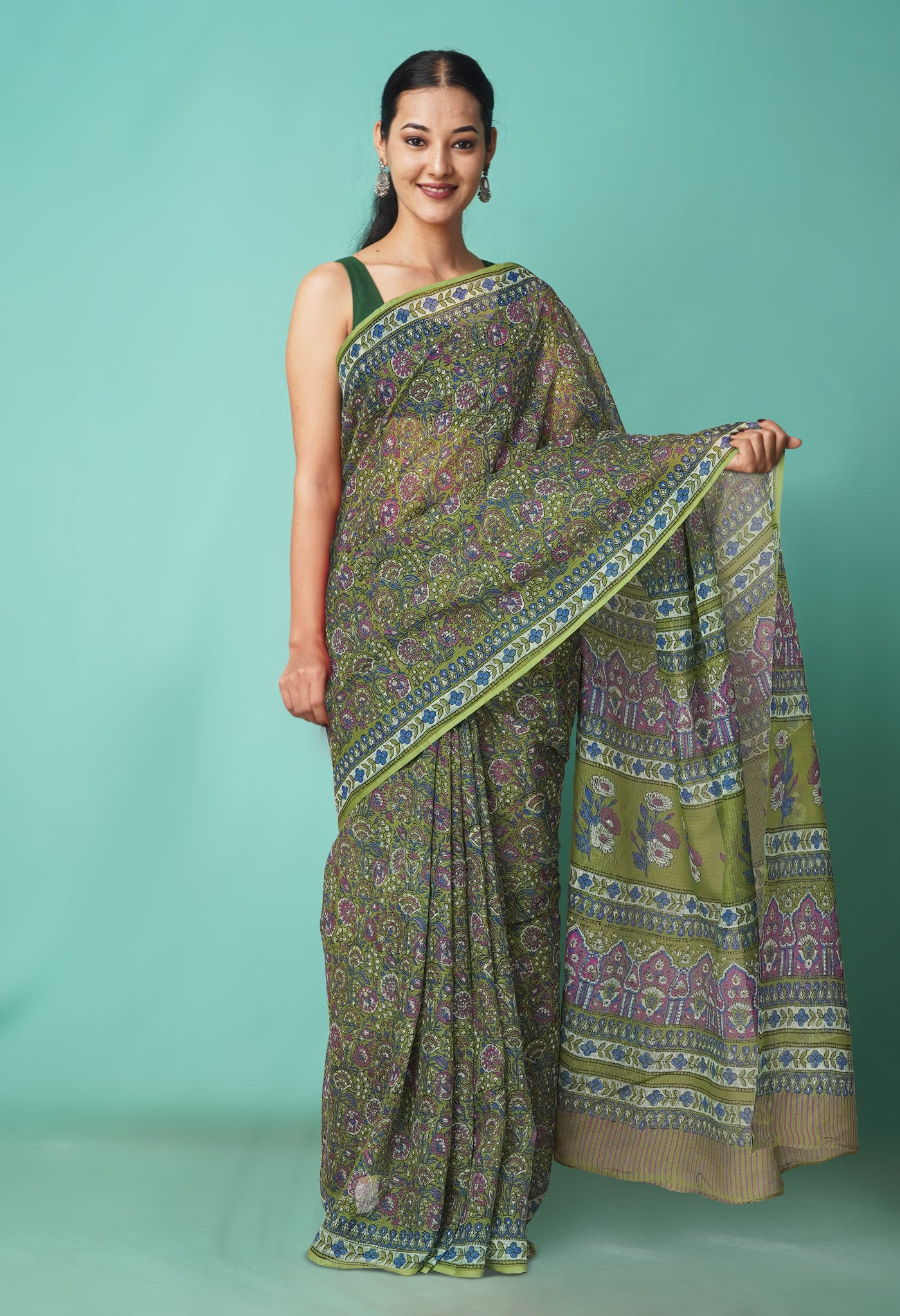 Green Pure Hand Block Printed Kota Saree-UNM81507