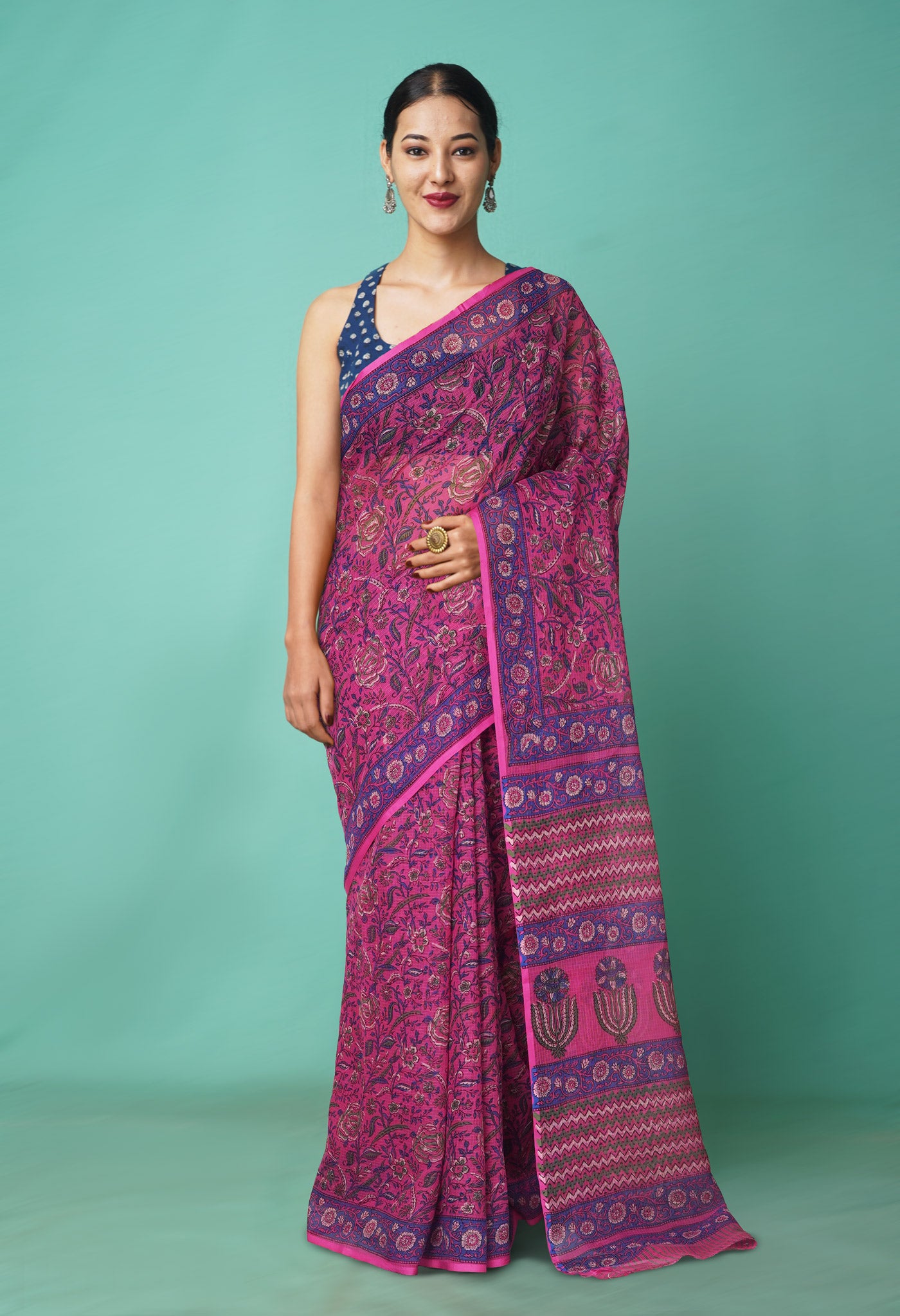 Pink Pure Hand Block Printed Kota Saree-UNM81508