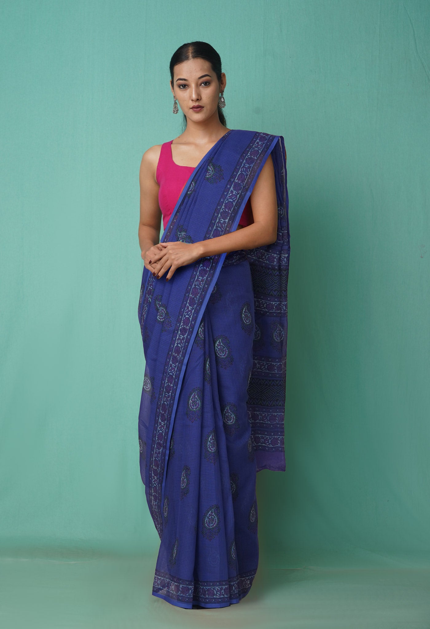 Blue Pure Hand Block Printed Kota Saree-UNM81510