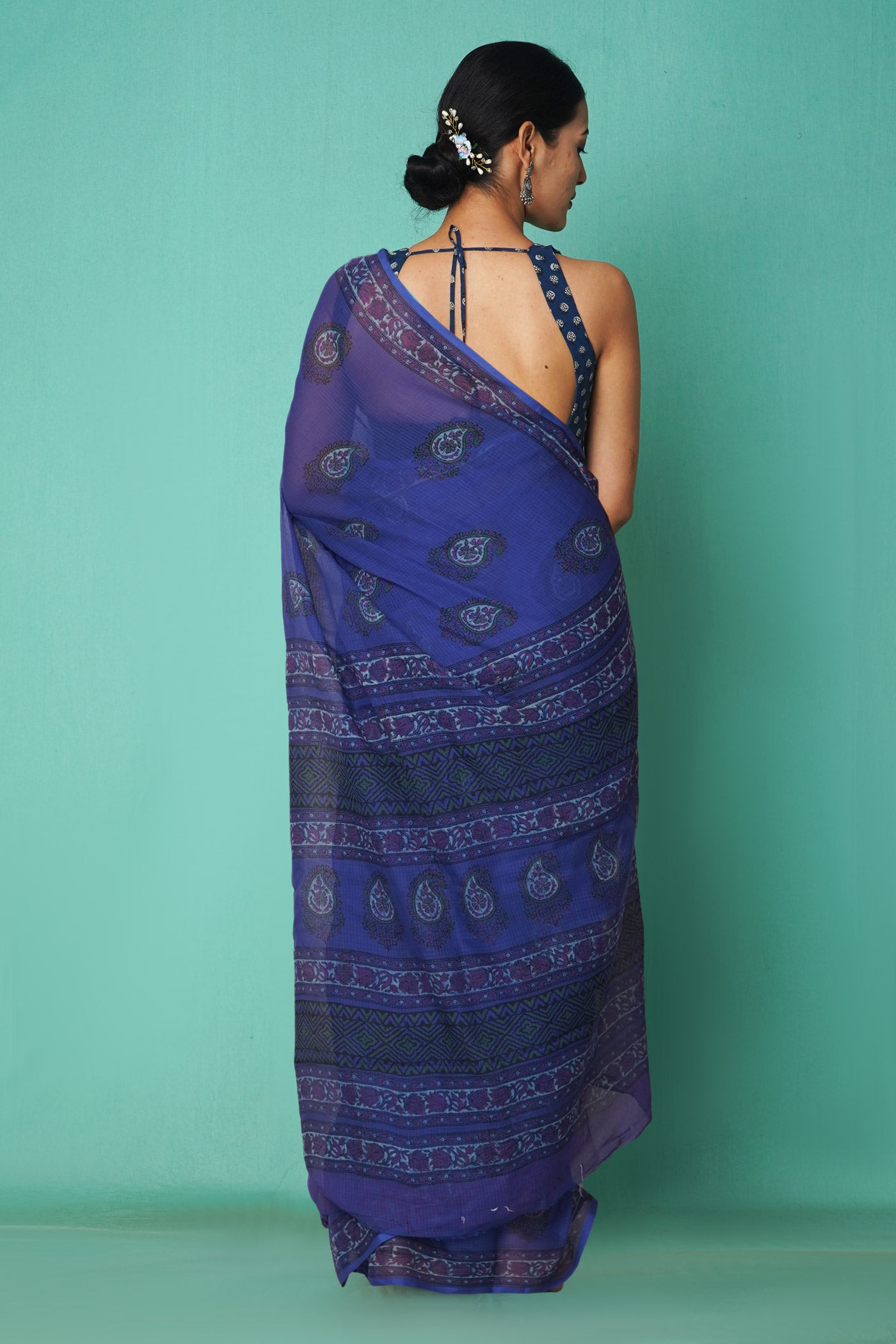 Blue Pure Hand Block Printed Kota Saree-UNM81510