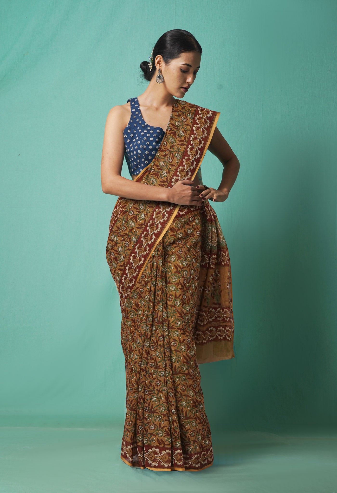 Brown Pure Hand Block Printed Kota Saree-UNM81512