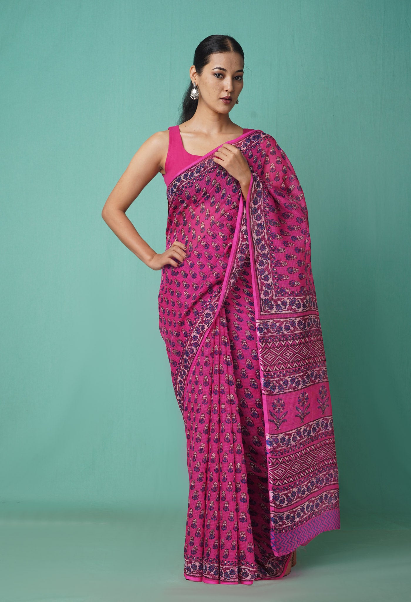 Pink Pure Hand Block Printed Kota Saree-UNM81513