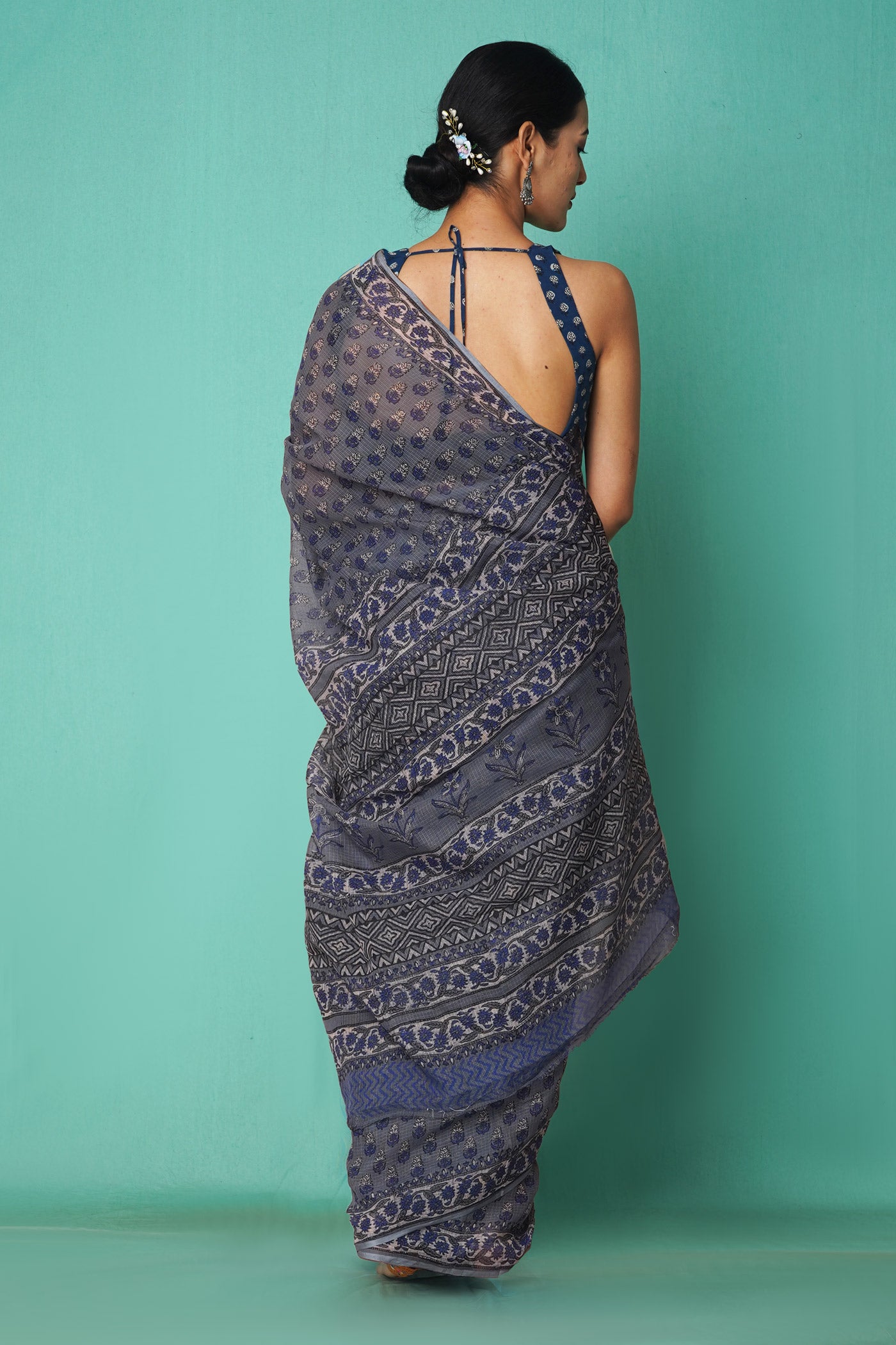 Grey Pure Hand Block Printed Kota Saree-UNM81514