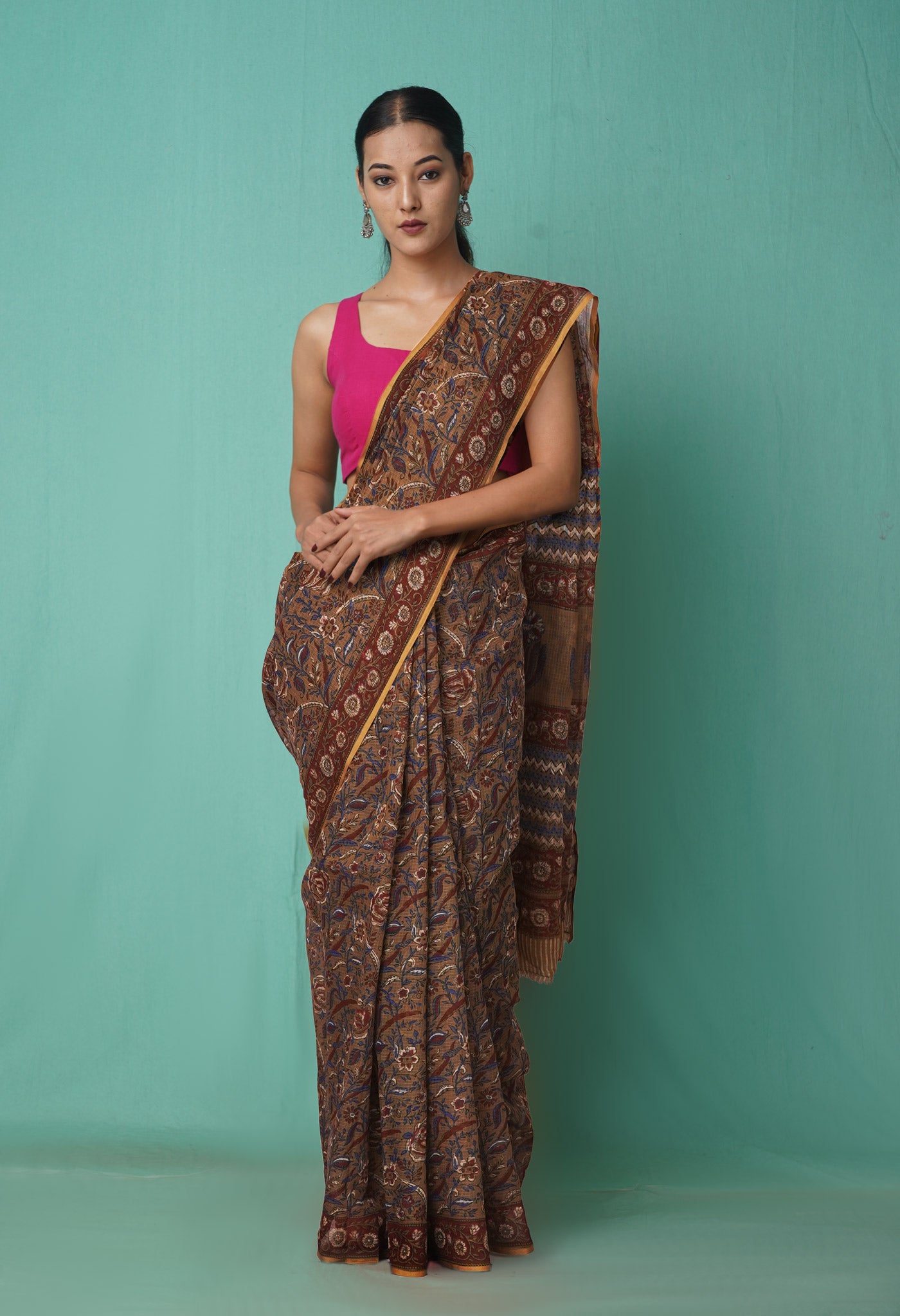 Brown Pure Hand Block Printed Kota Saree-UNM81515