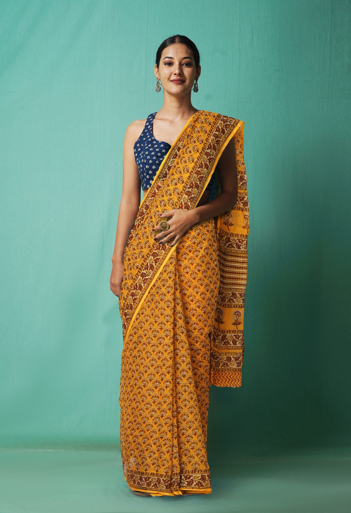 Yellow Pure Hand Block Printed Kota Saree-UNM81516