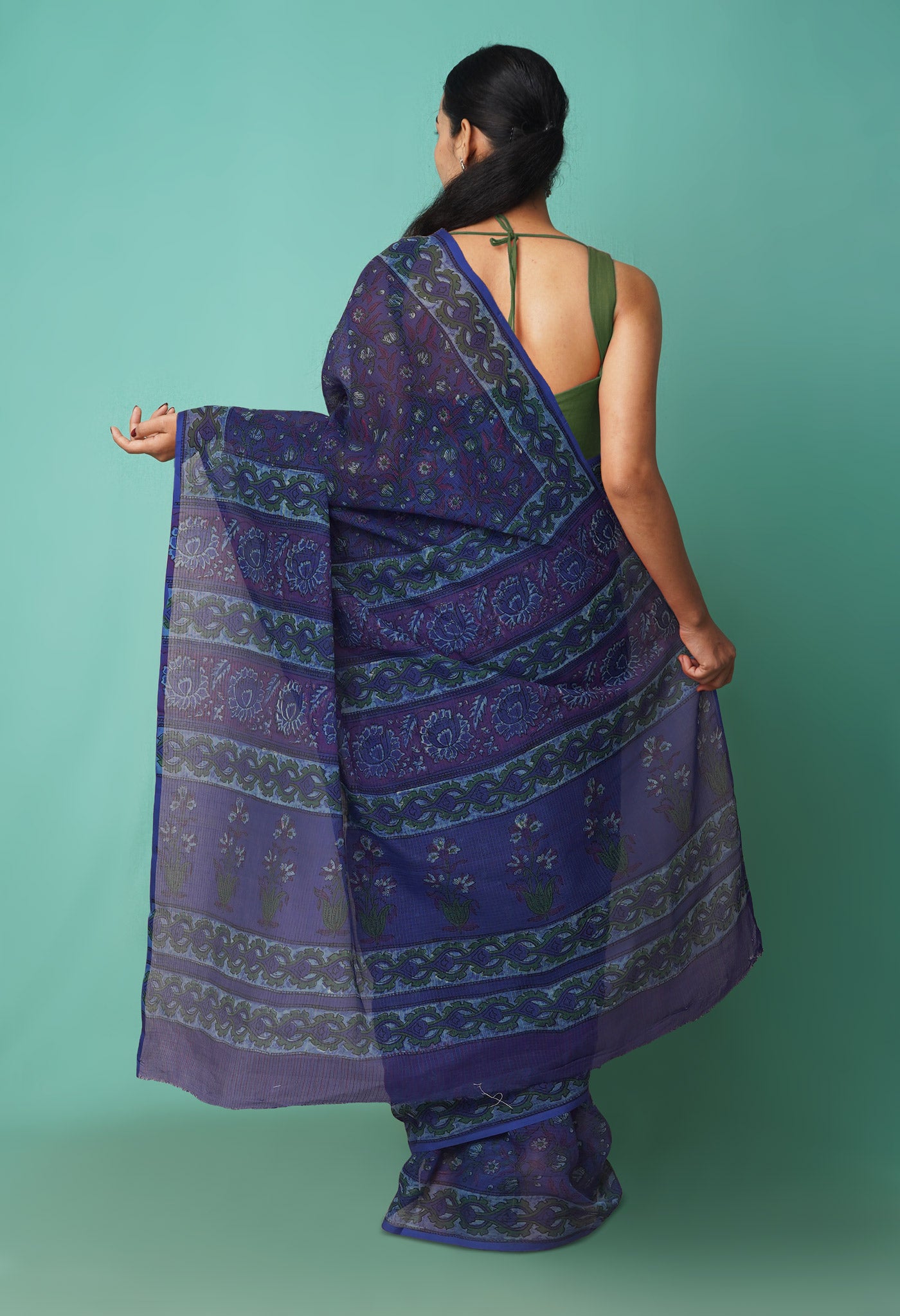 Blue Pure Hand Block Printed Kota Saree-UNM81517