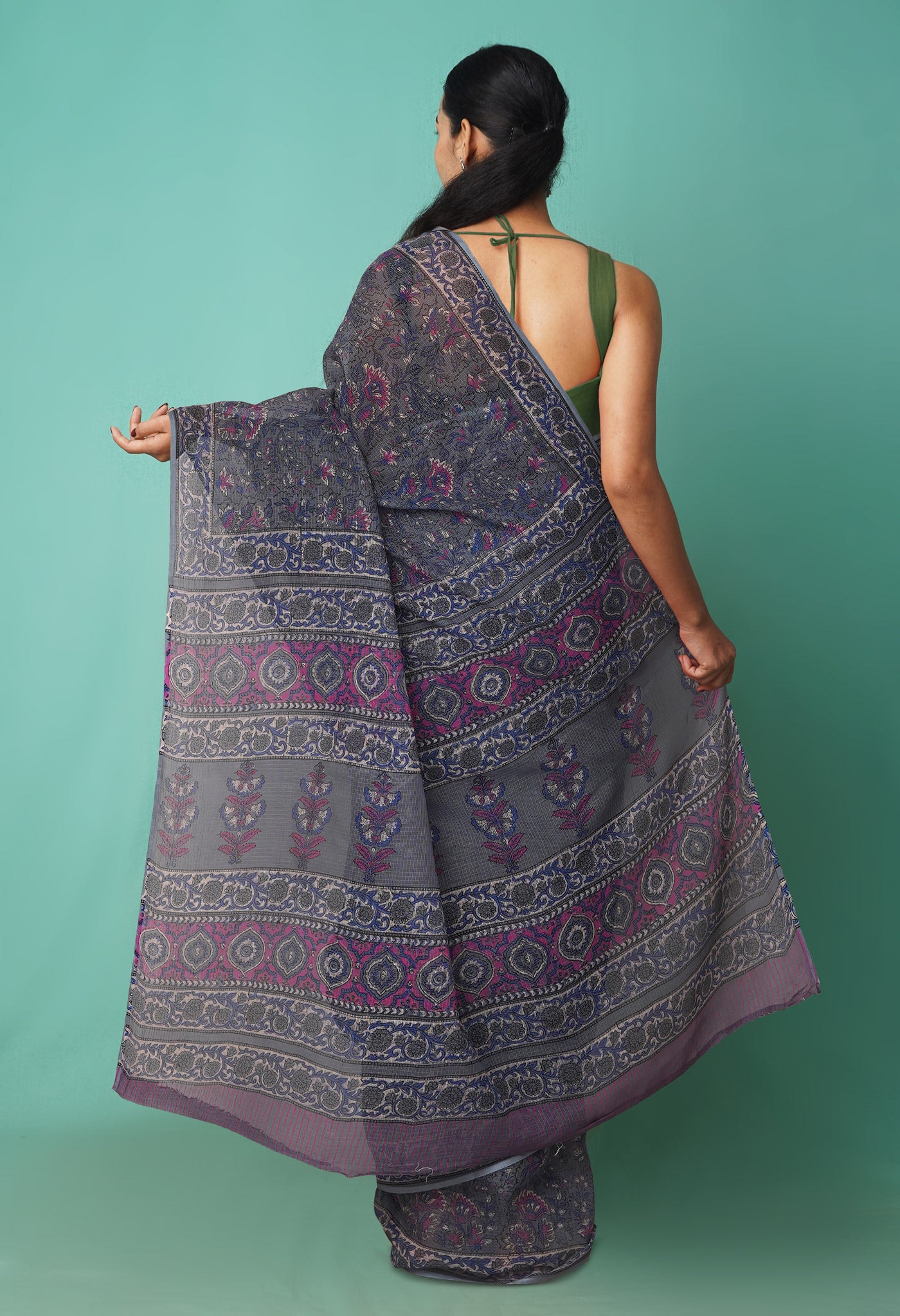 Grey Pure Hand Block Printed Kota Saree-UNM81519