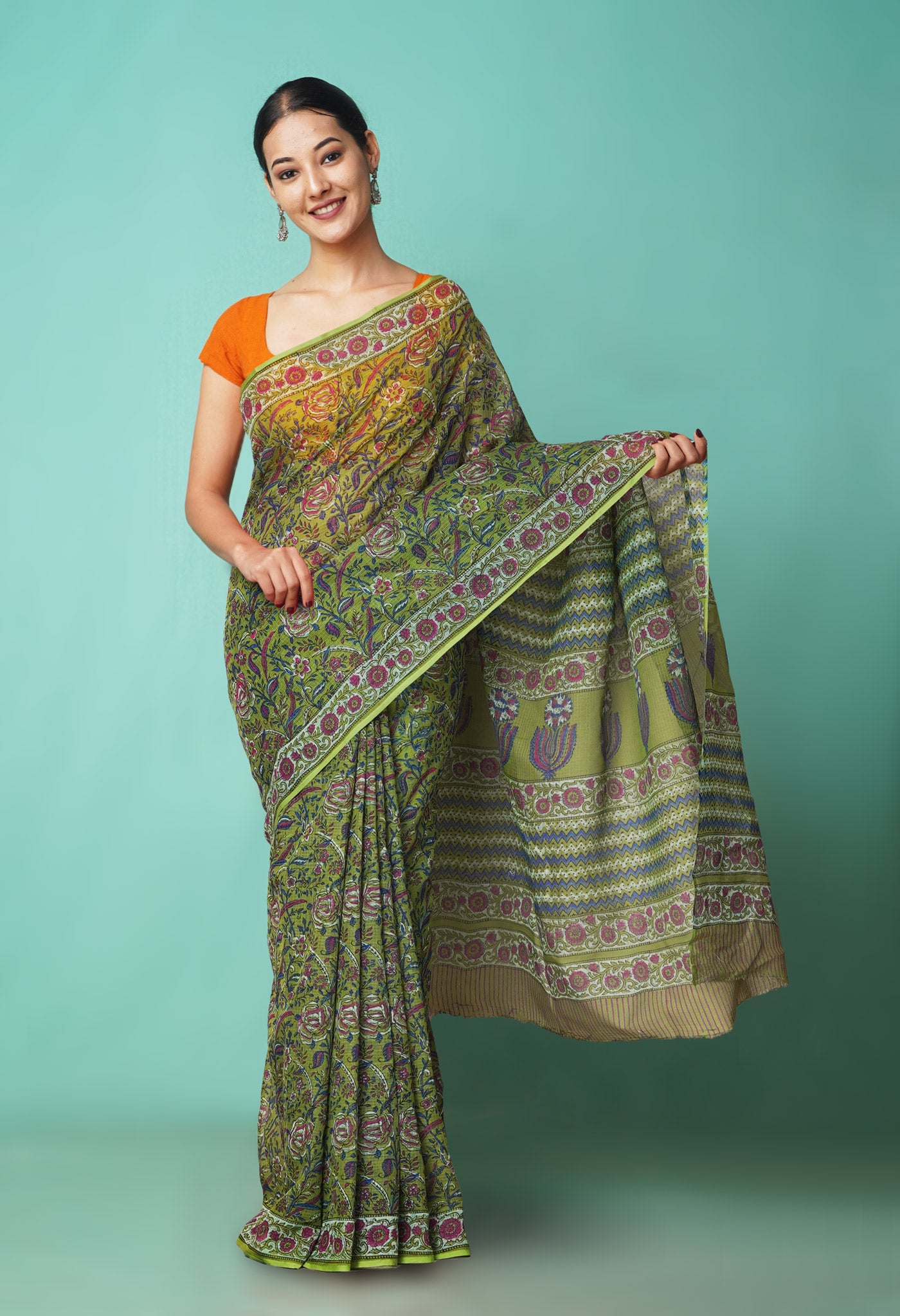 Green Pure Hand Block Printed Kota Saree-UNM81520