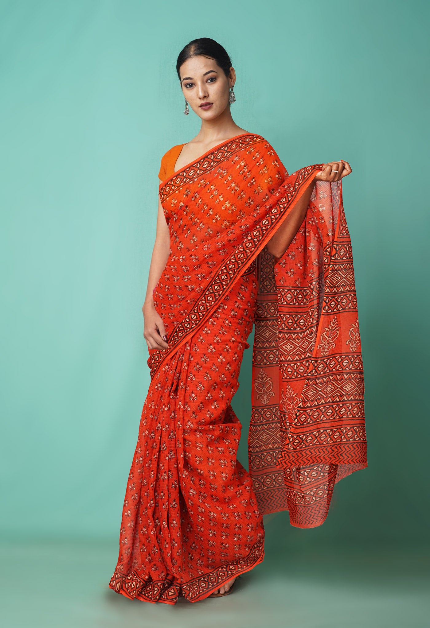 Orange Pure Hand Block Printed Kota Saree-UNM81522