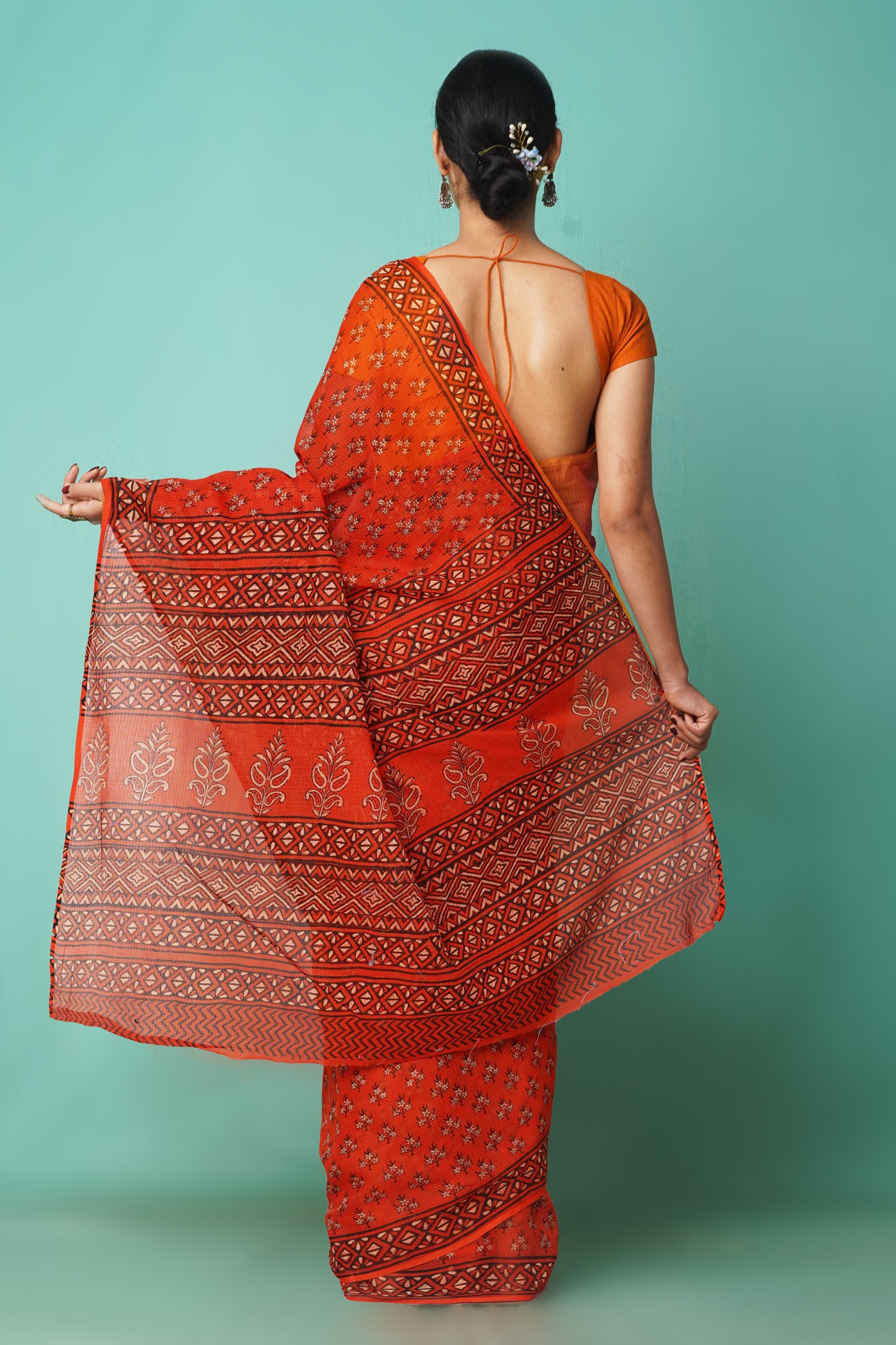 Orange Pure Hand Block Printed Kota Saree-UNM81522