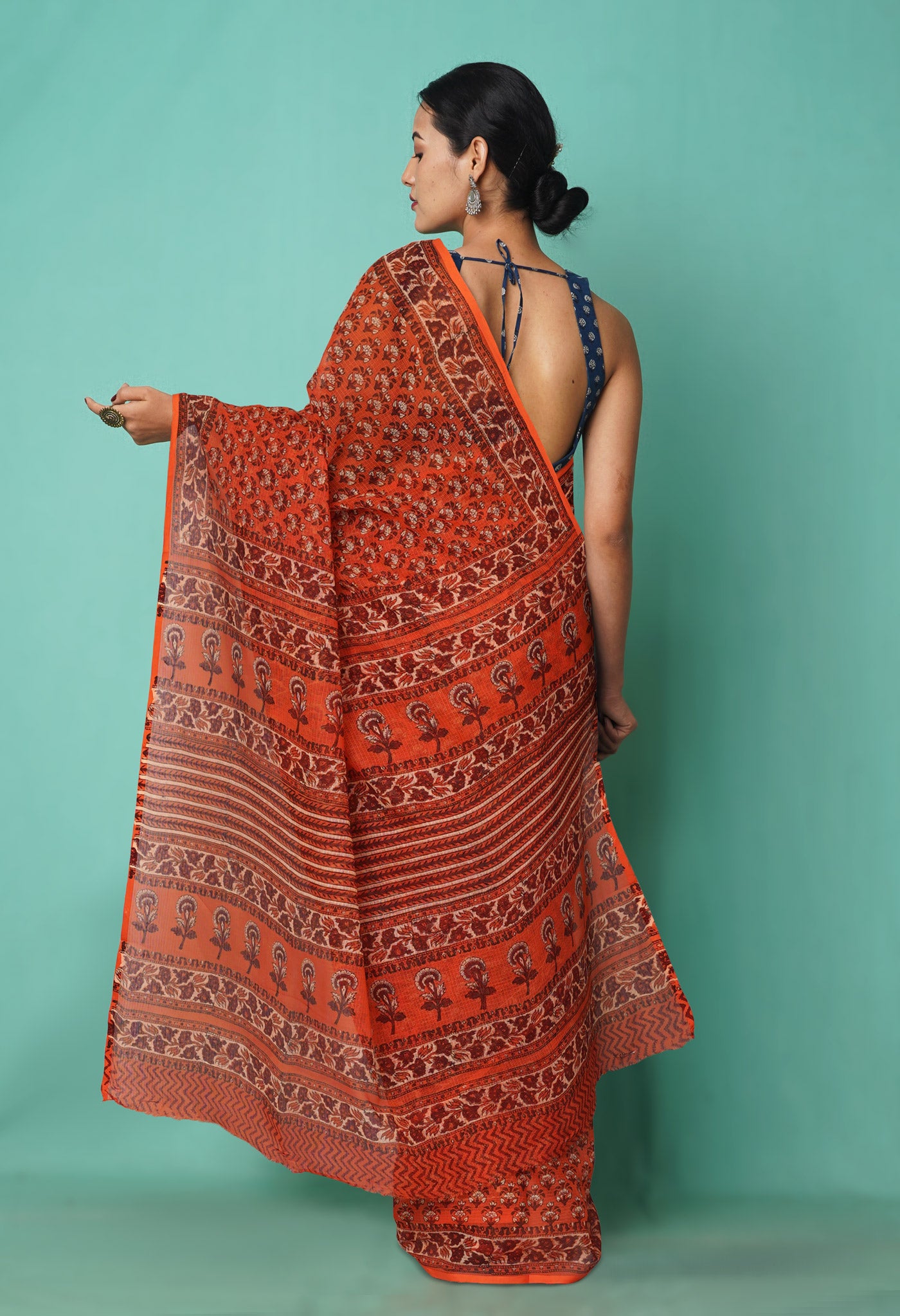 Orange Pure Hand Block Printed Kota Saree-UNM81526