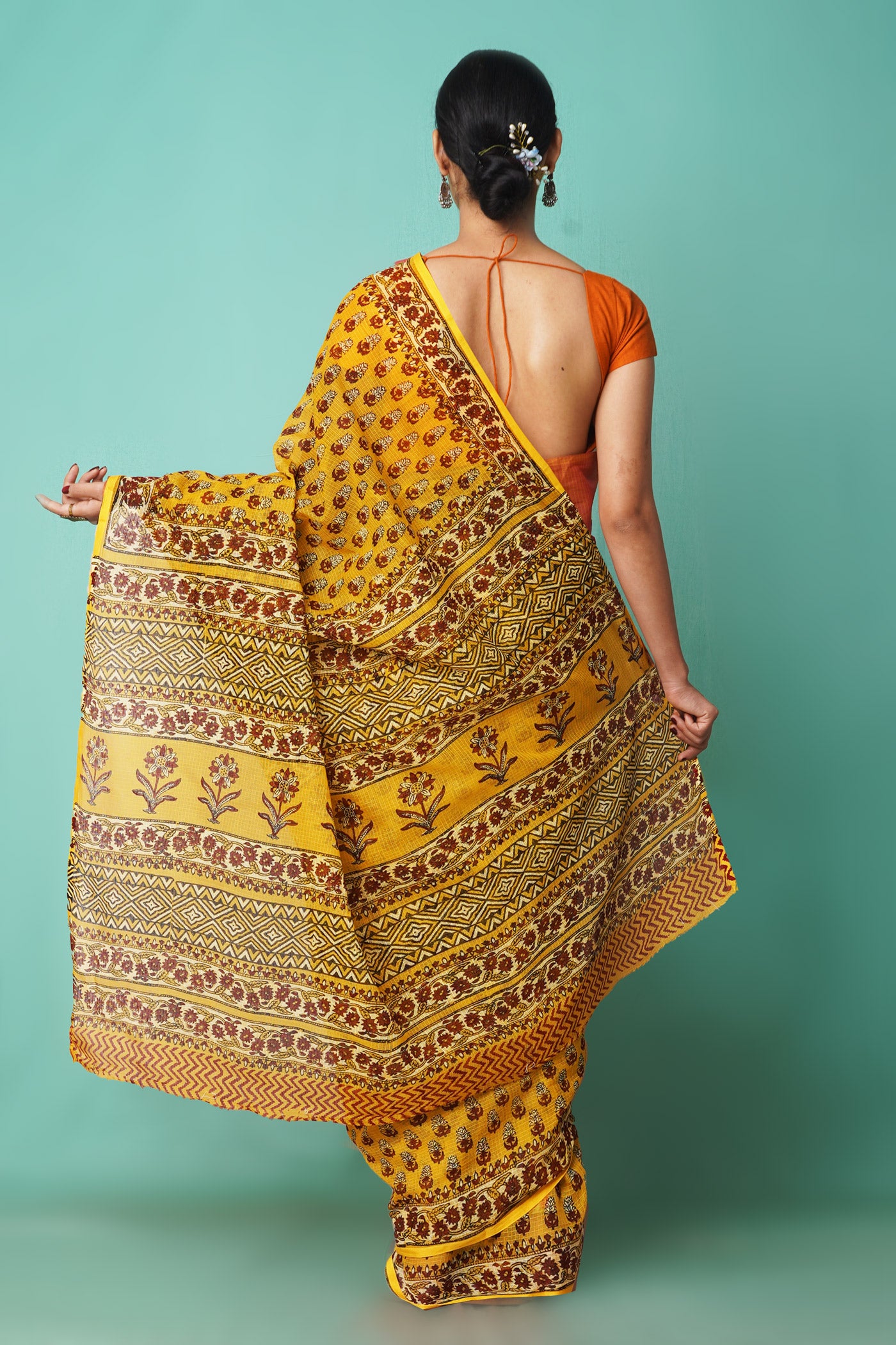 Yellow Pure Hand Block Printed Kota Saree-UNM81529