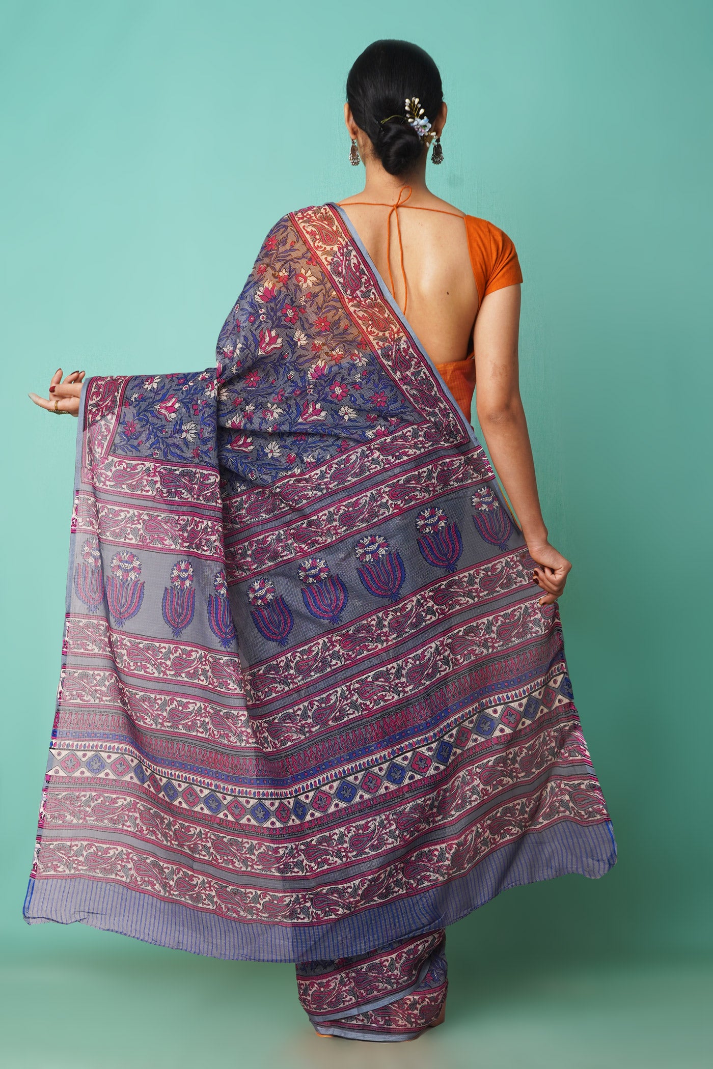 Grey Pure Hand Block Printed Kota Saree-UNM81530