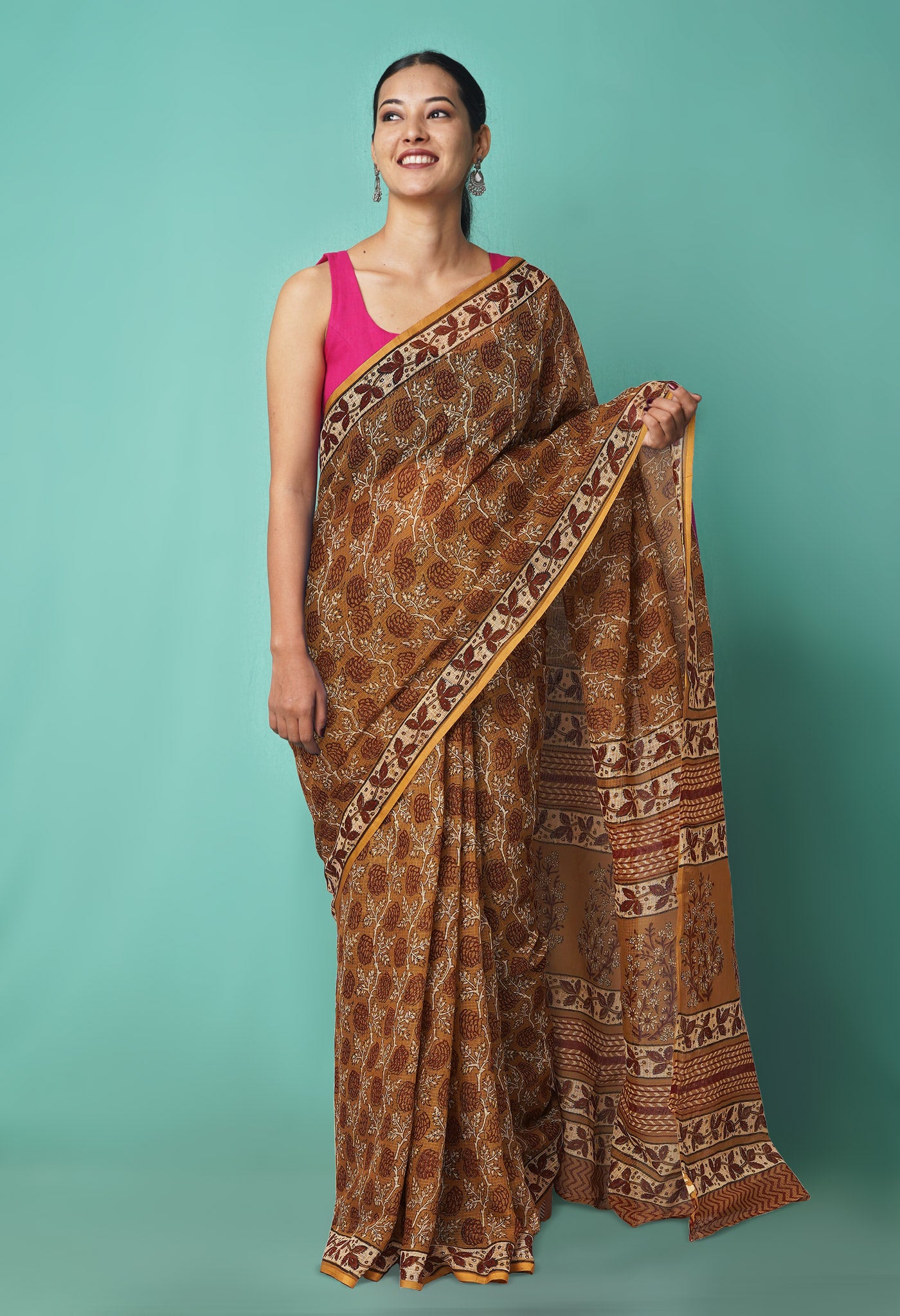 Brown Pure Hand Block Printed Kota Saree-UNM81533