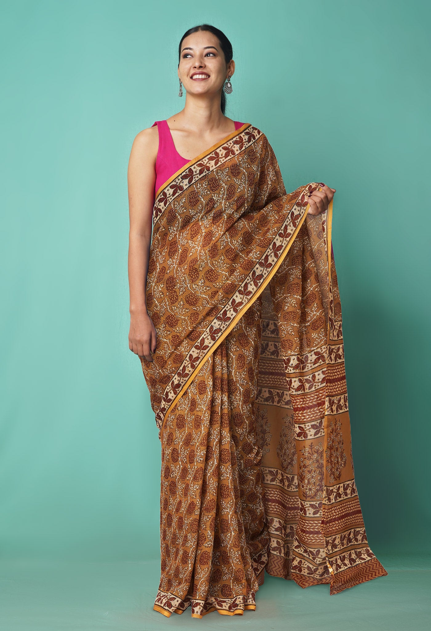 Brown Pure Hand Block Printed Kota Saree-UNM81533