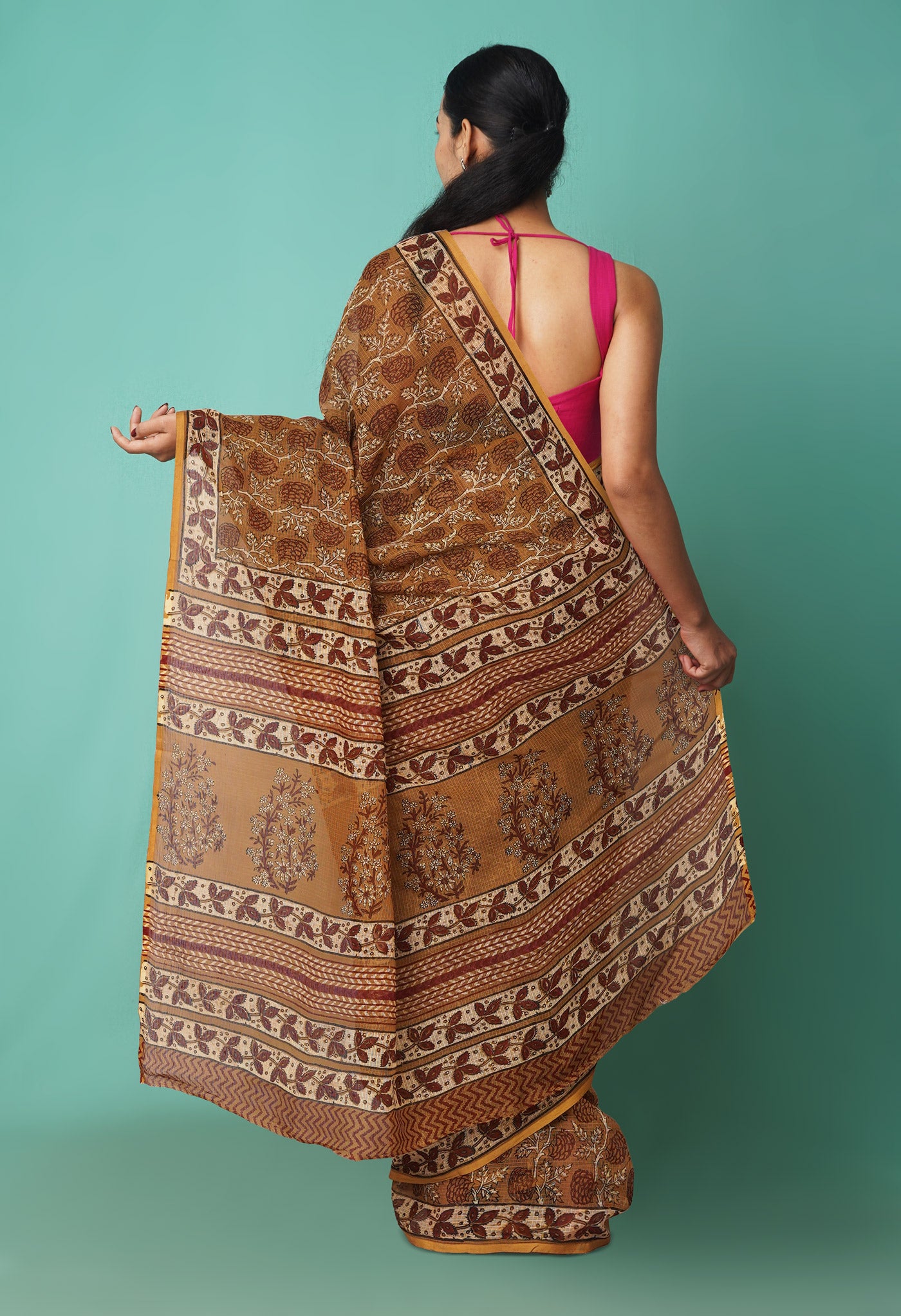 Brown Pure Hand Block Printed Kota Saree-UNM81533