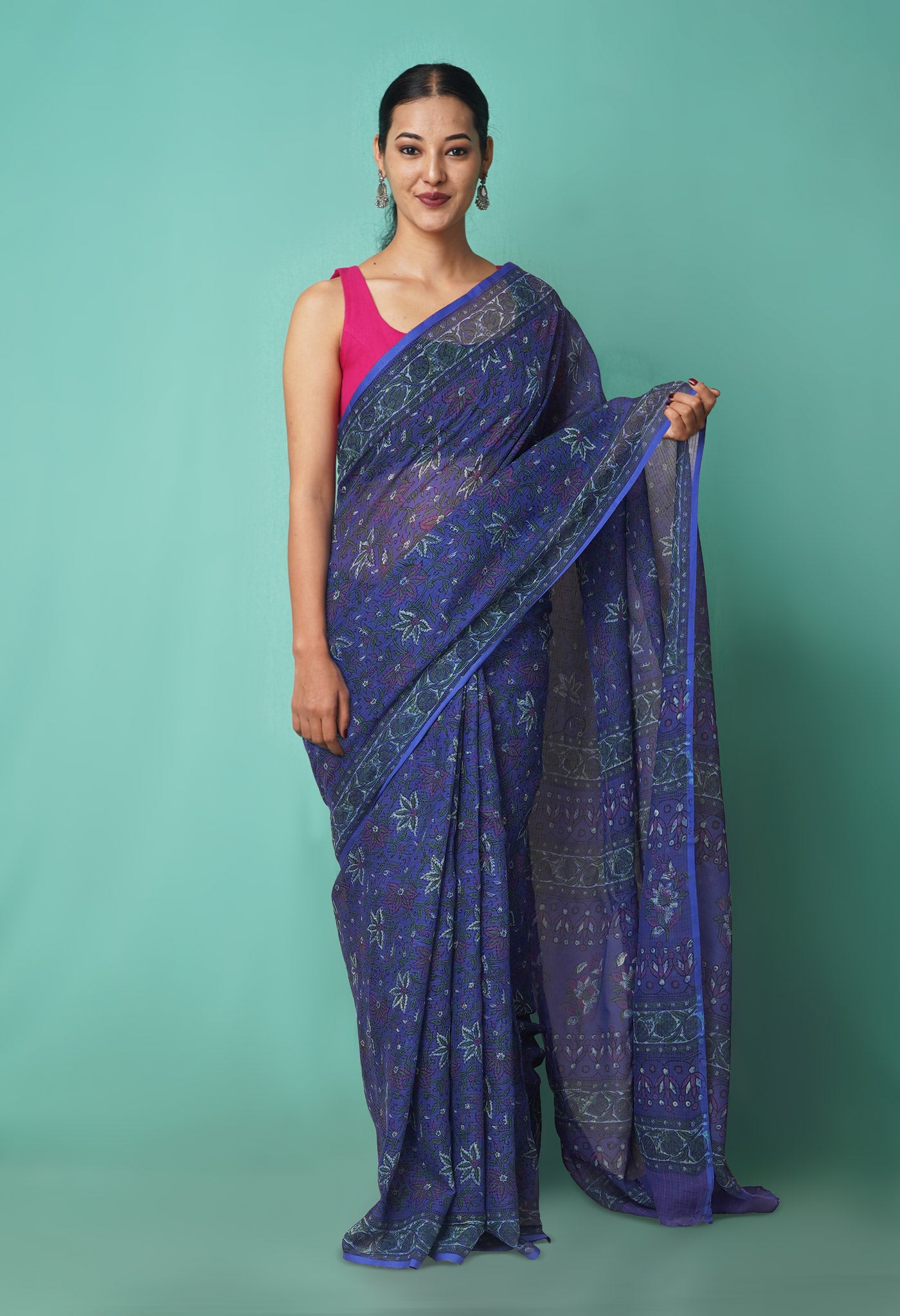 Blue Pure Hand Block Printed Kota Saree-UNM81534