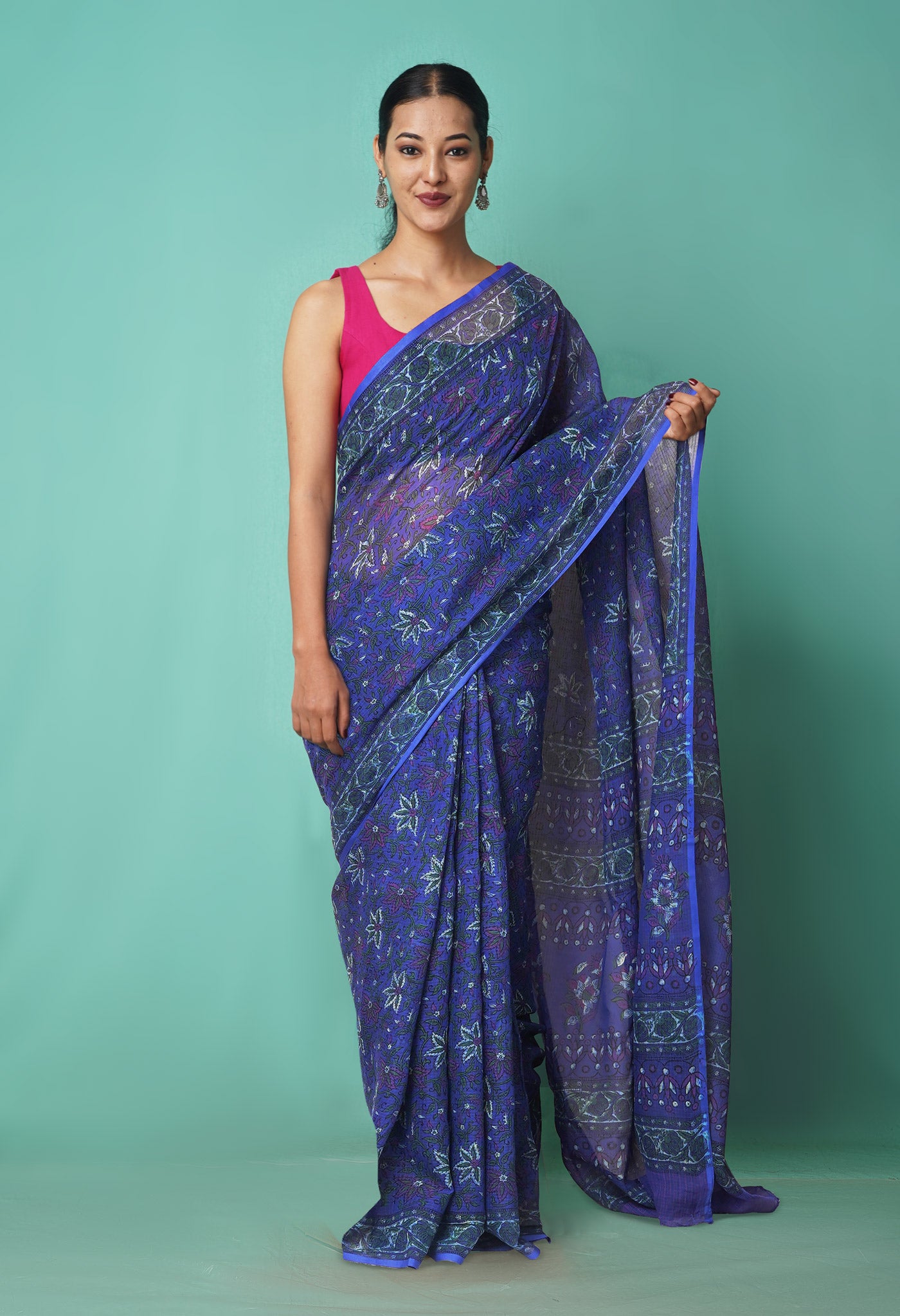 Blue Pure Hand Block Printed Kota Saree-UNM81534