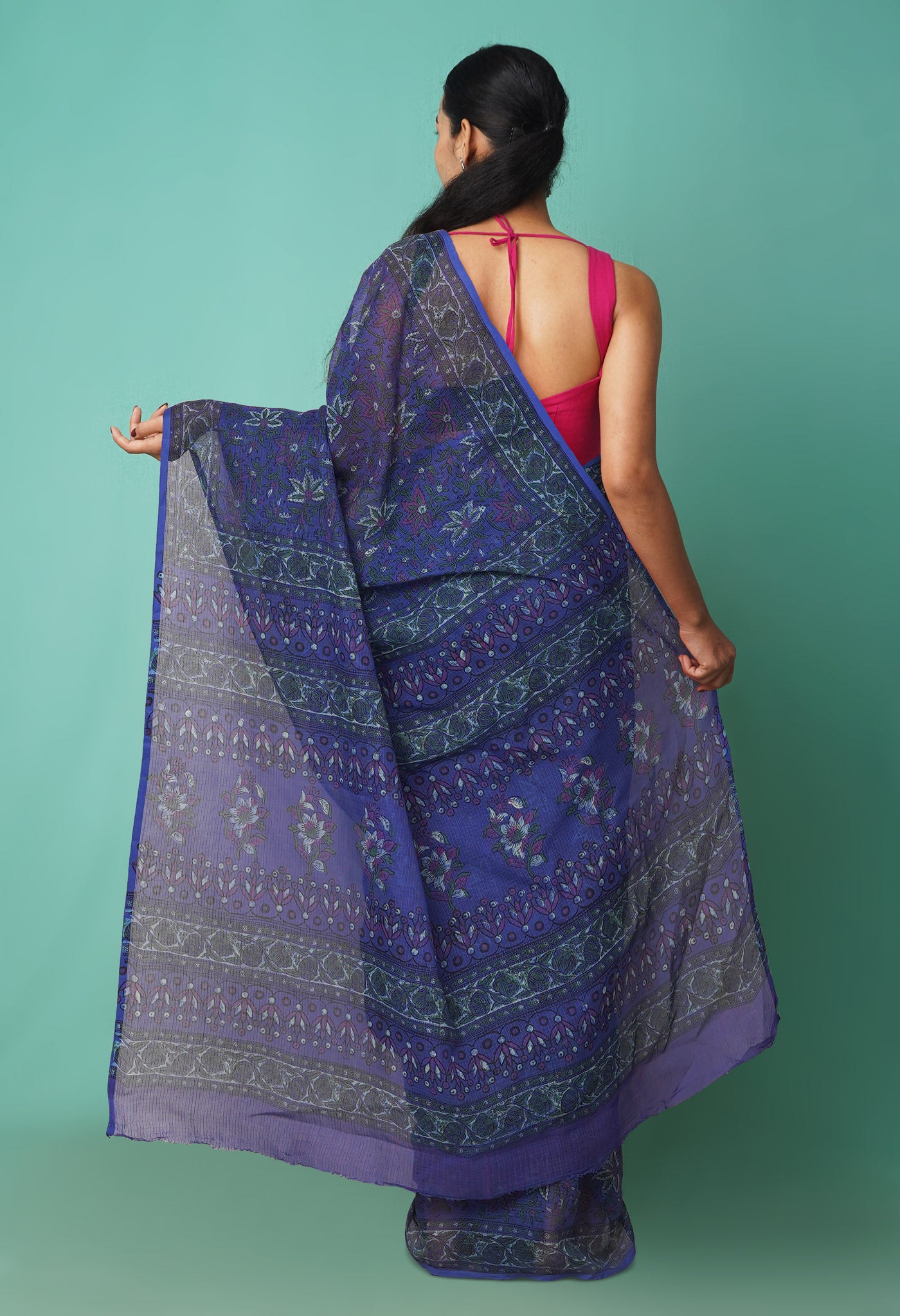 Blue Pure Hand Block Printed Kota Saree-UNM81534