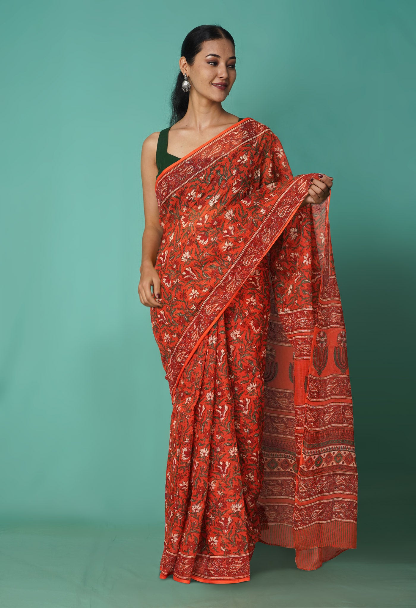 Orange Pure Hand Block Printed Kota Saree-UNM81535