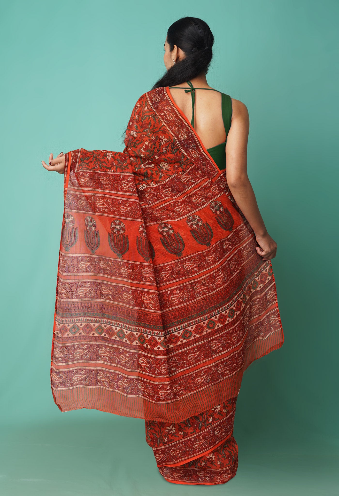 Orange Pure Hand Block Printed Kota Saree-UNM81535